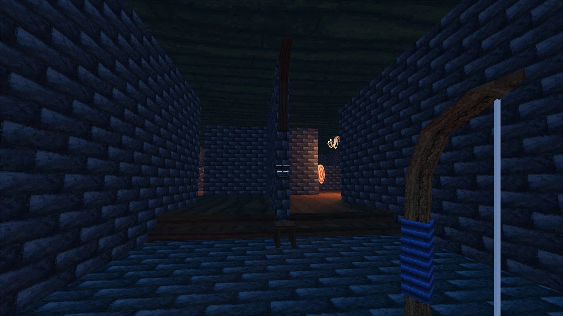 2 Bows 1 Arrow: Bow aiming at target in a dark, brick-walled dungeon corridor with dim lighting.