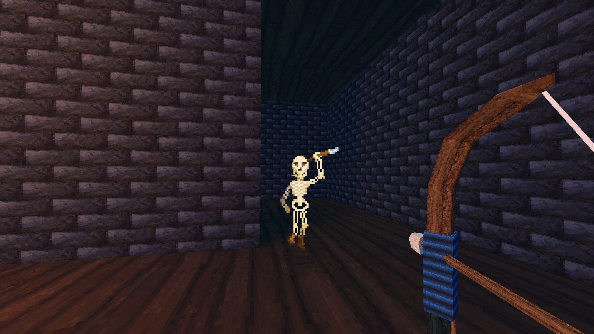 2 Bows 1 Arrow: Player aims at skeleton enemy in a dark brick-walled corridor with wooden floors.