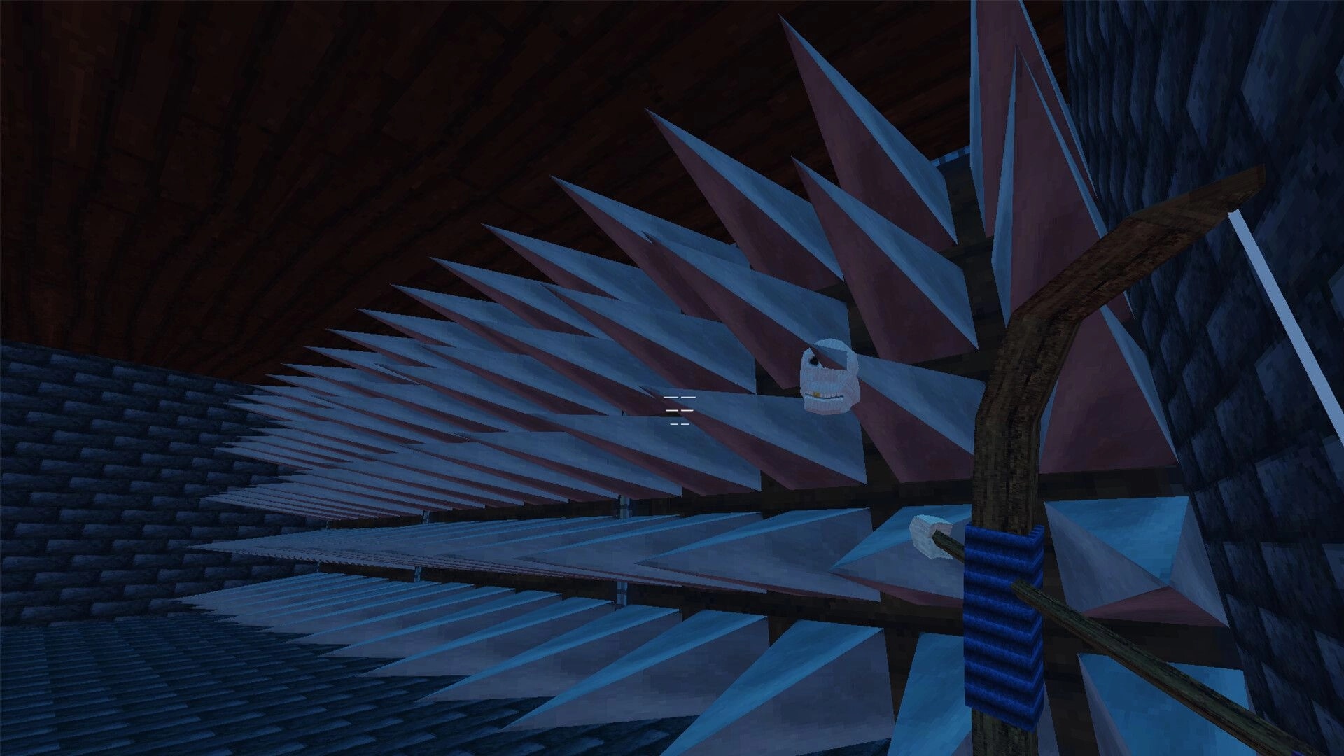 2 Bows 1 Arrow: Bow aiming at spiked wall trap in dimly lit stone corridor, highlighting danger ahead