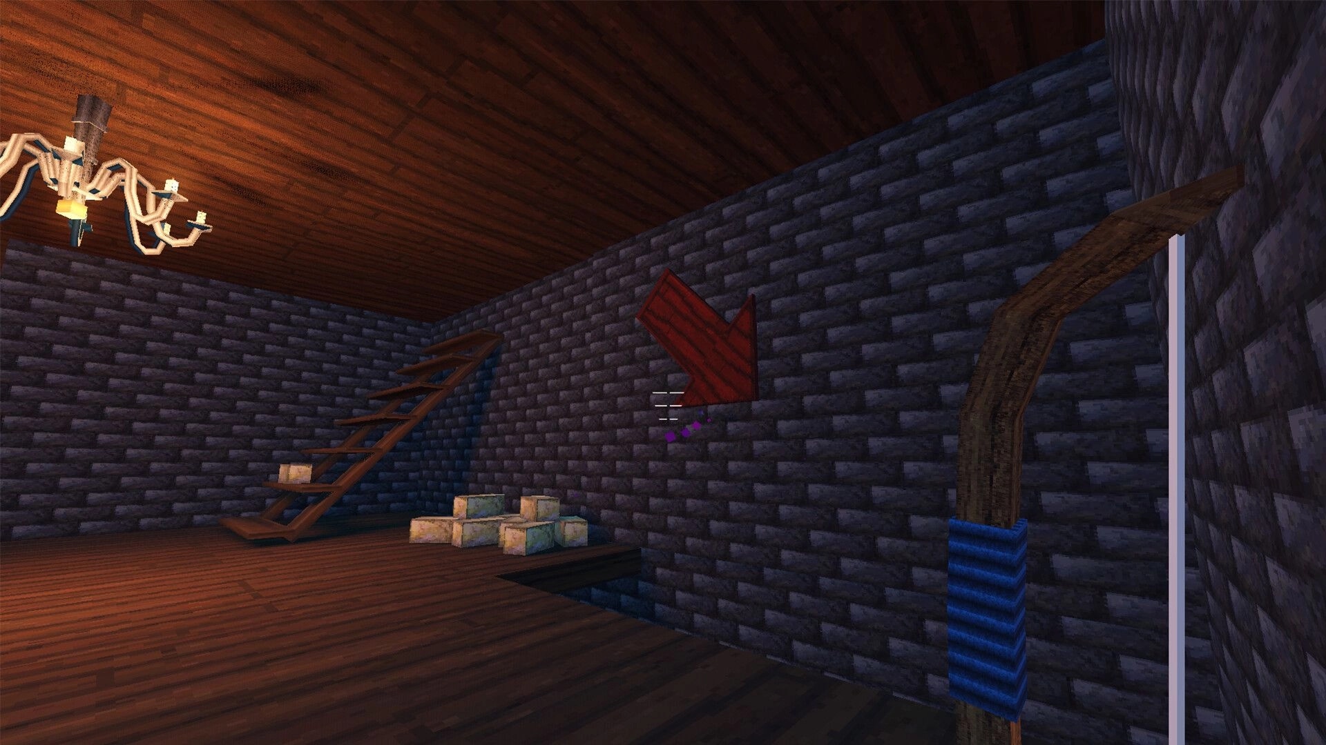 2 Bows 1 Arrow: Bow aiming at a red arrow on brick wall inside a wooden room with staircase and chandelier.