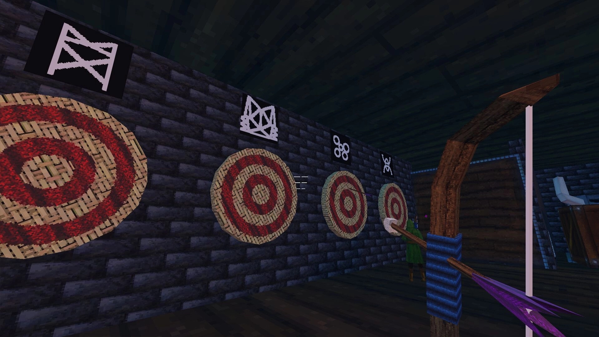2 Bows 1 Arrow: Player aiming bow at multiple target boards in a dimly lit stone-walled room