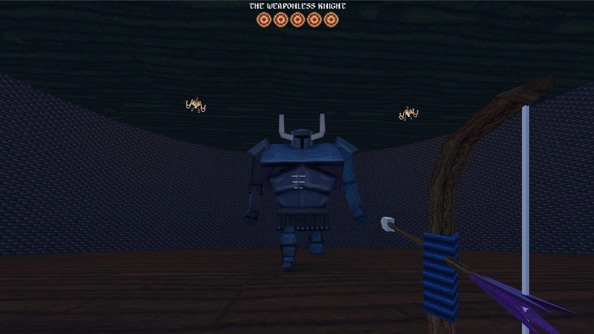 2 Bows 1 Arrow: Aiming at The Weaponless Knight boss in a dimly lit arena with chandeliers above
