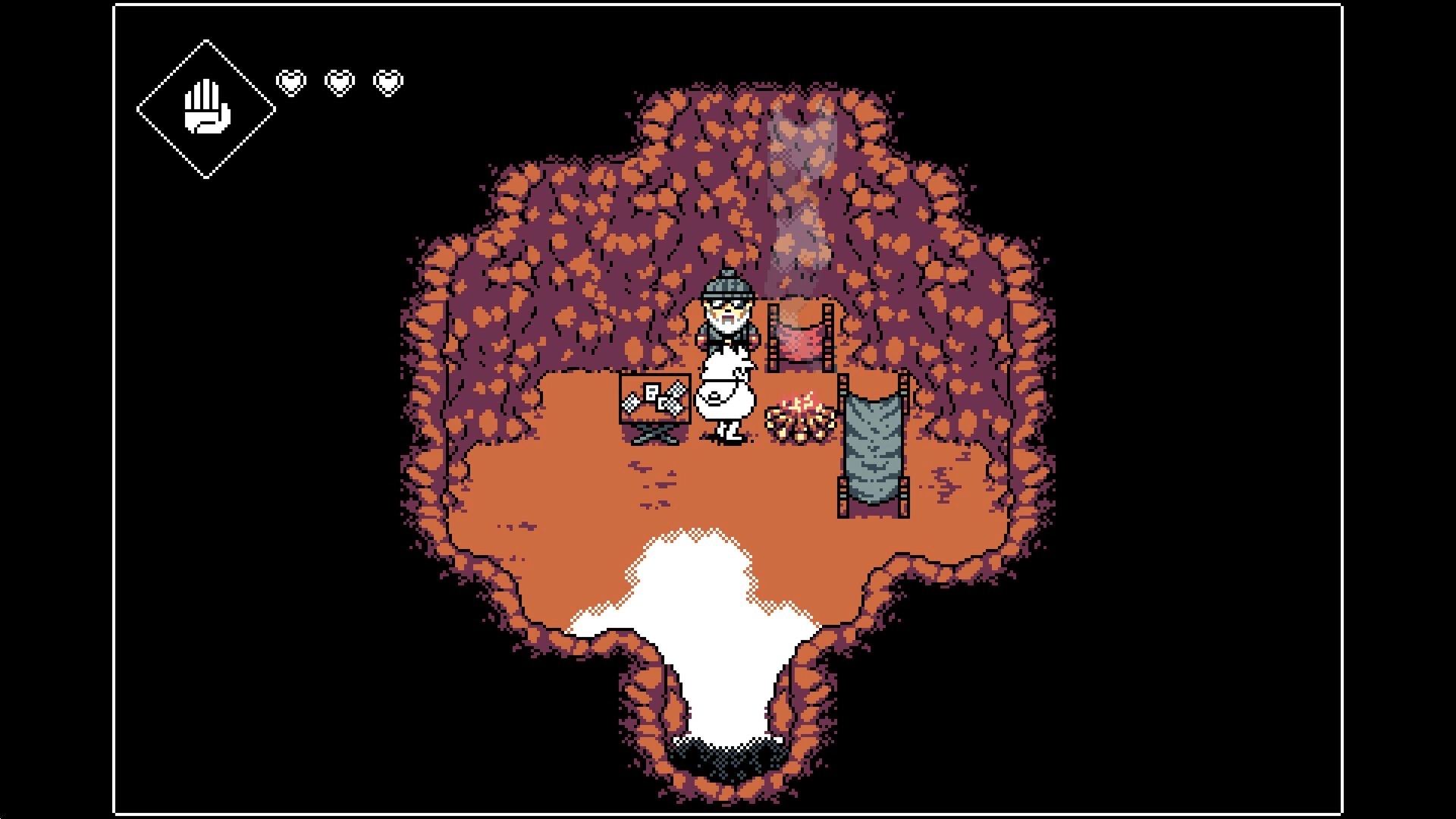 3-Bit Explorer: Character beside campfire in cave with inventory chest and two hammocks visible