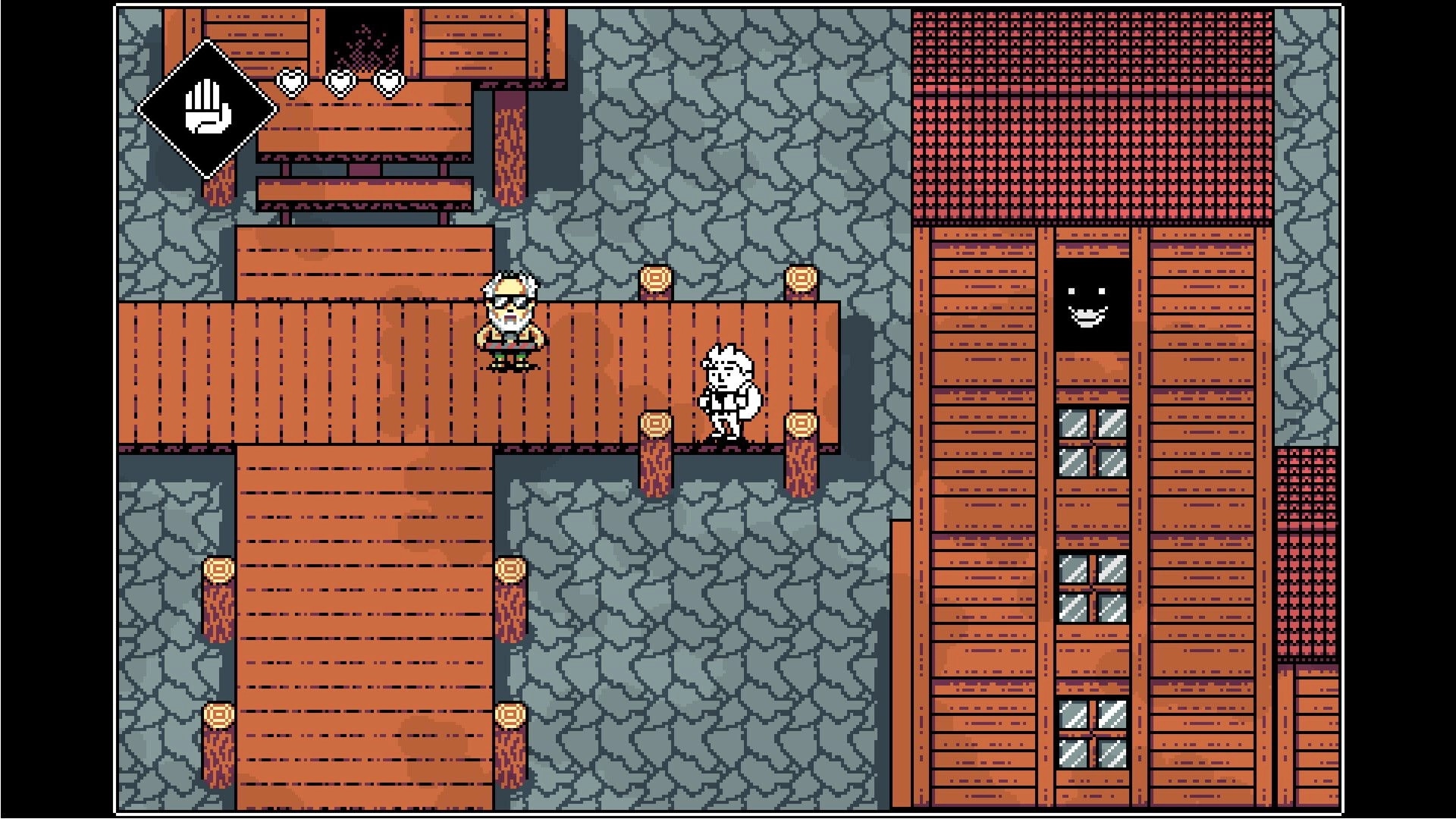 3-Bit Explorer: Two characters converse on a wooden platform near a building with a mysterious face.