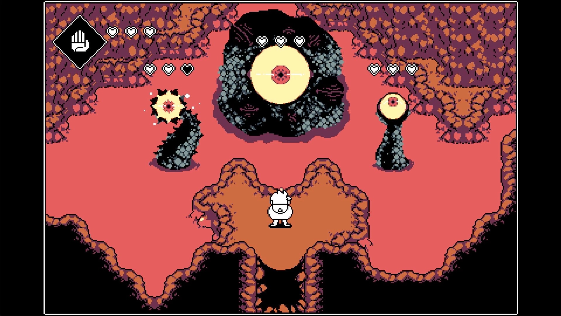 3-Bit Explorer: Player confronts three giant eye monsters in a cavern with health icons displayed