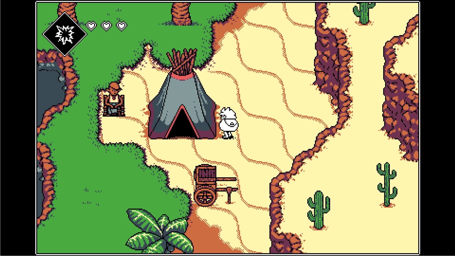 3-Bit Explorer: Character near tent in desert with cacti, cart, and health icons in top corner.