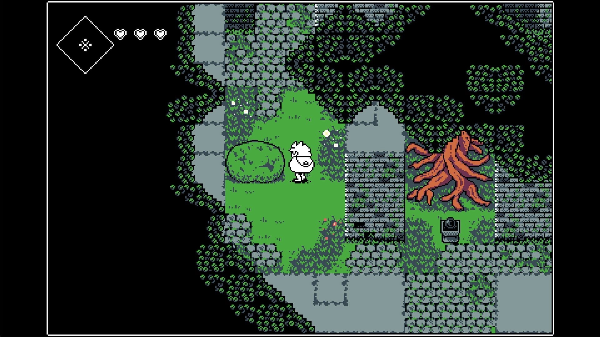 3-Bit Explorer: Character in forest ruins with heart icons and mysterious roots visible in the corner