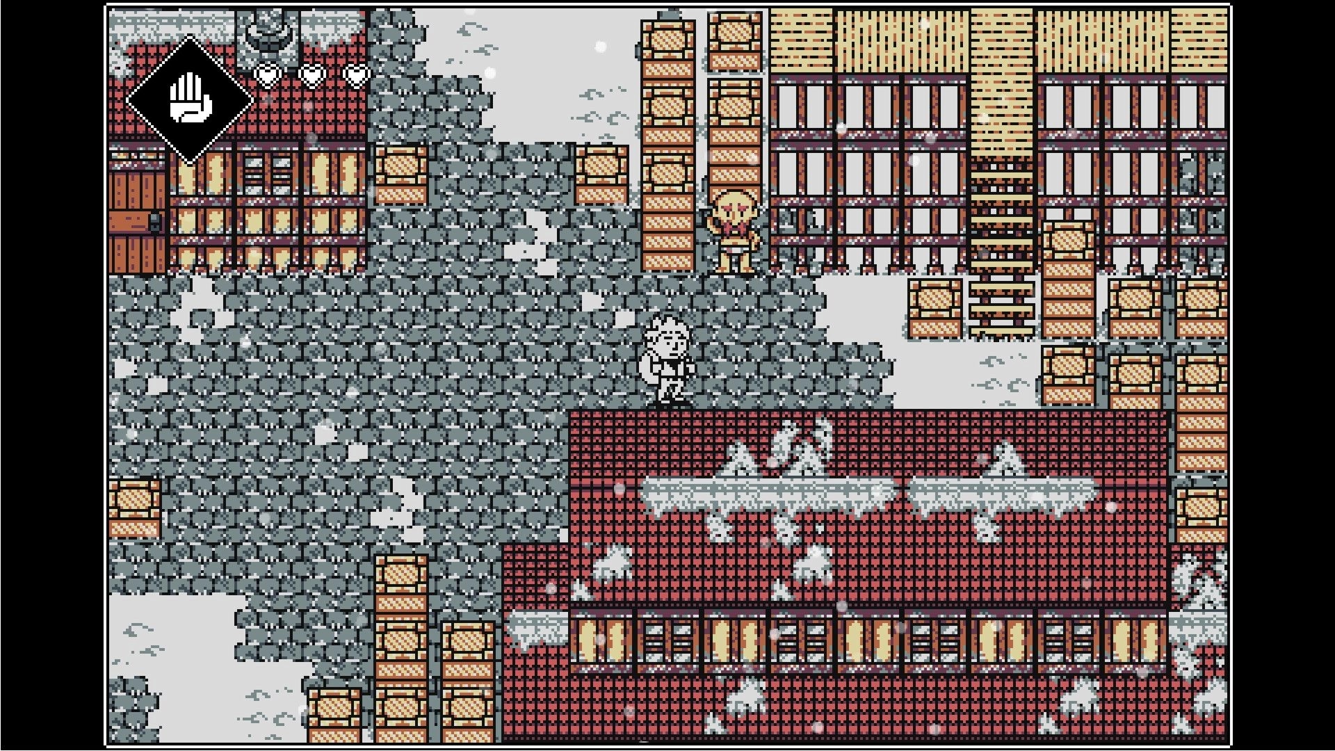 3-Bit Explorer: Character on snowy rooftop in village with crates, UI shows three hearts and hand icon.