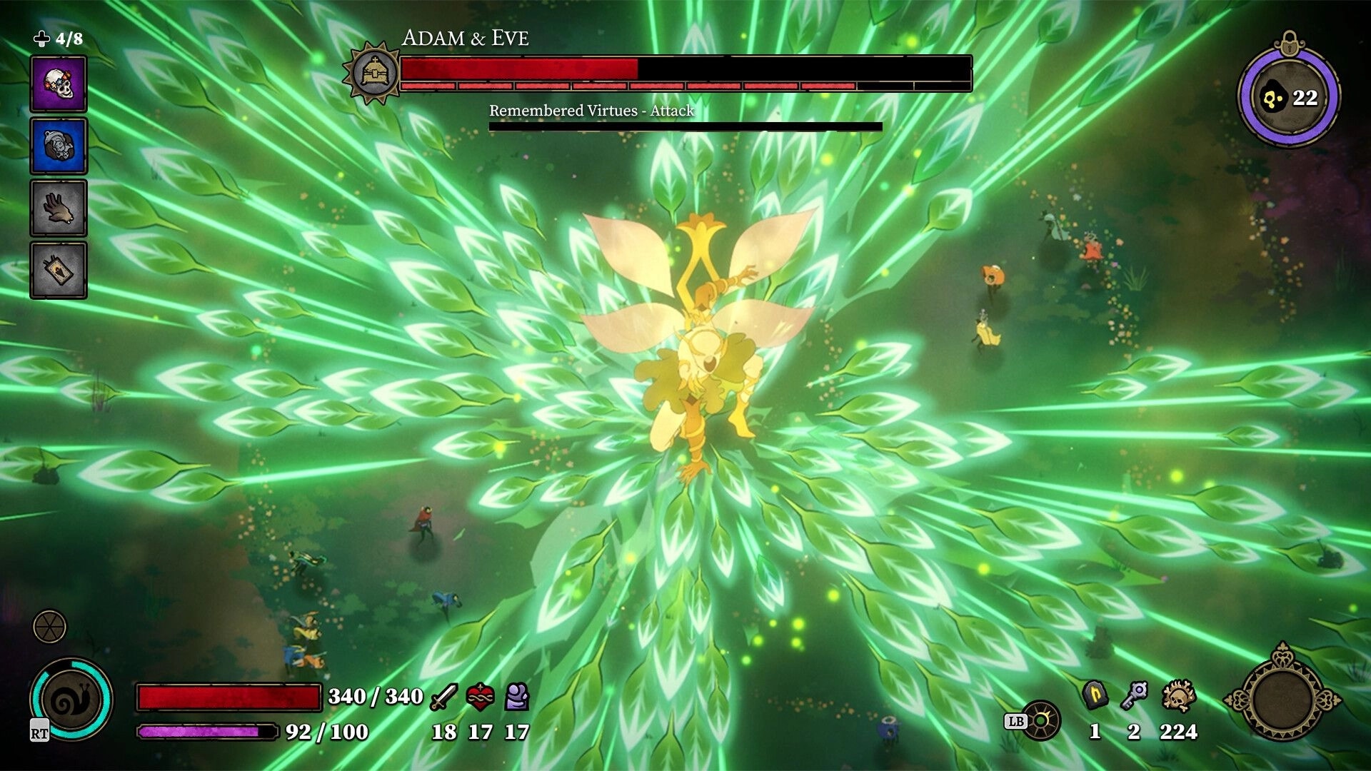 33 Immortals: Boss Adam & Eve unleashes green leaf burst attack with health bar in a forest arena.