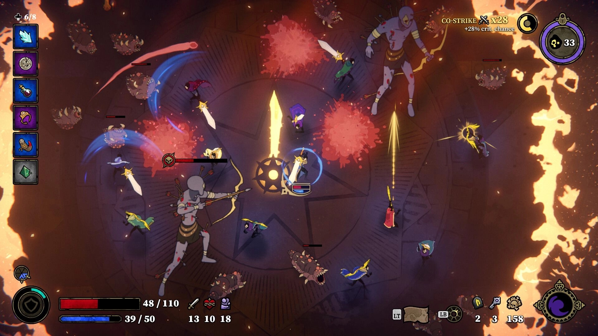 33 Immortals: Co-op battle against archer giants and swarming beasts in a fiery circular arena UI visible.