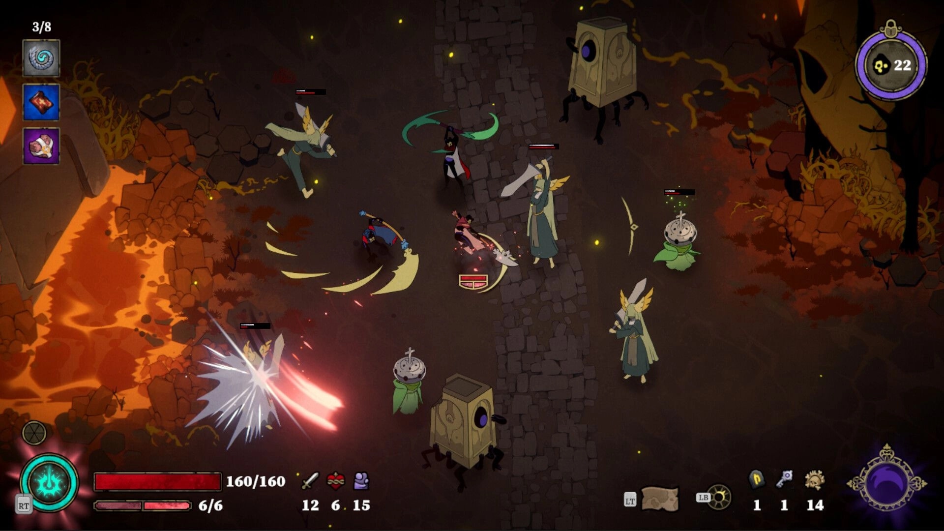 33 Immortals: Top-down melee fight vs angels and lantern foes on a cracked road by lava and ash.