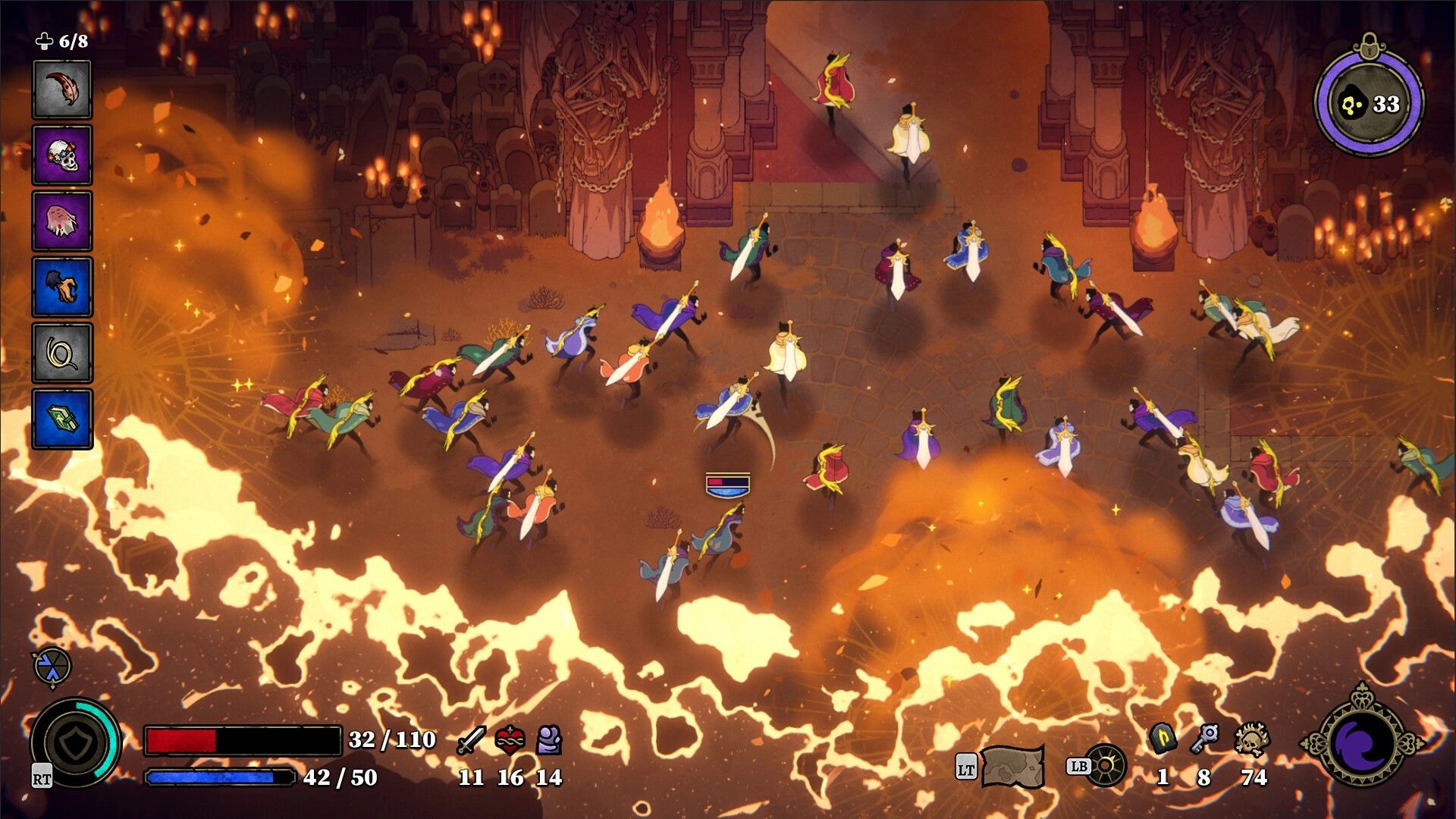 33 Immortals: Co-op squad of souls charging toward a torchlit gate in a fiery dungeon courtyard UI visible.