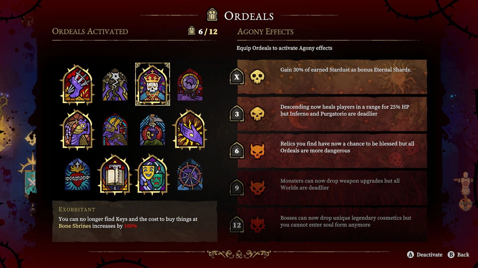 33 Immortals: Ordeals menu with 6/12 activated and Agony Effects list on red parchment UI.