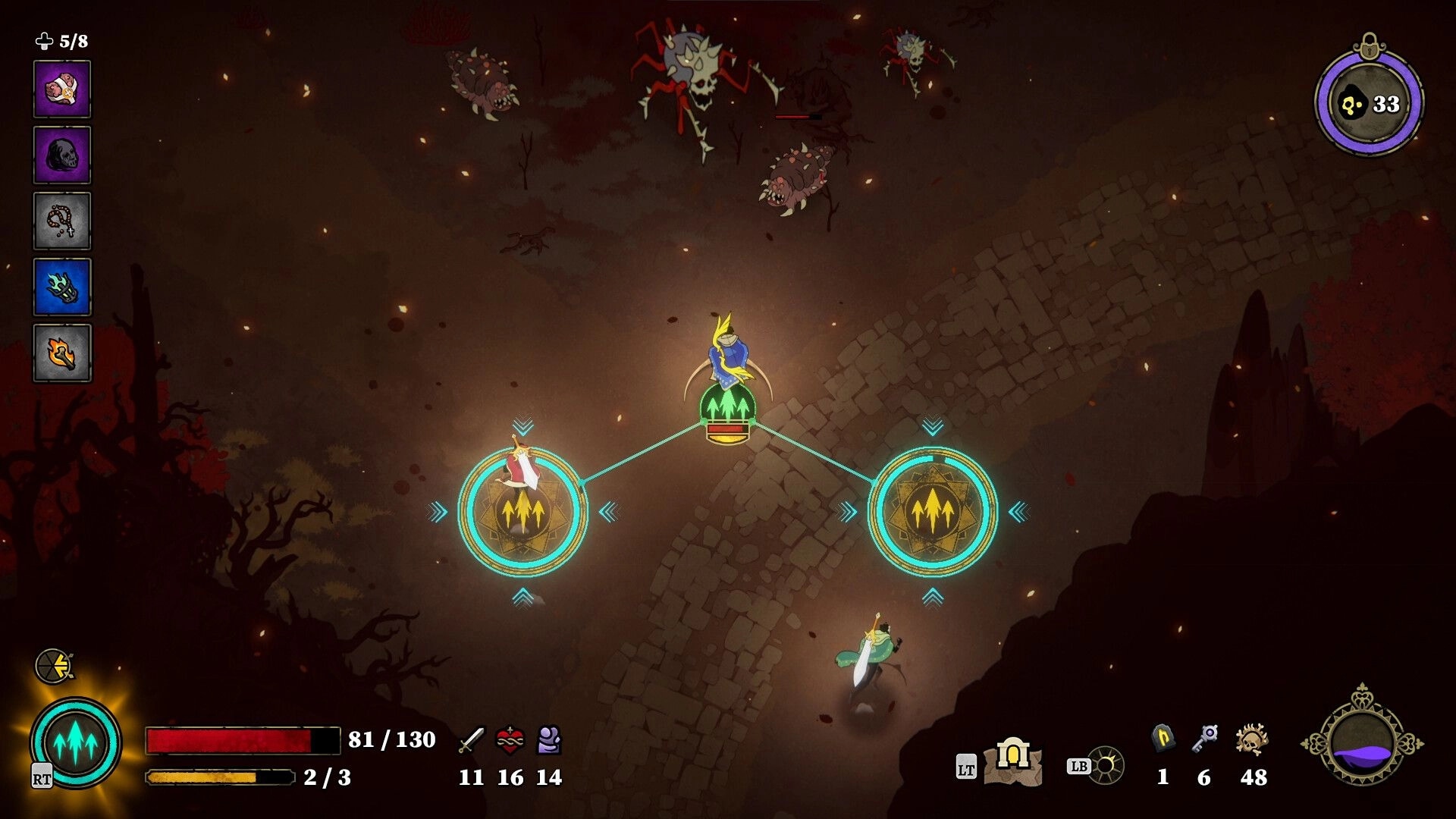 33 Immortals: Co-op heroes activating linked circle sigils while monsters close in on a dark path.