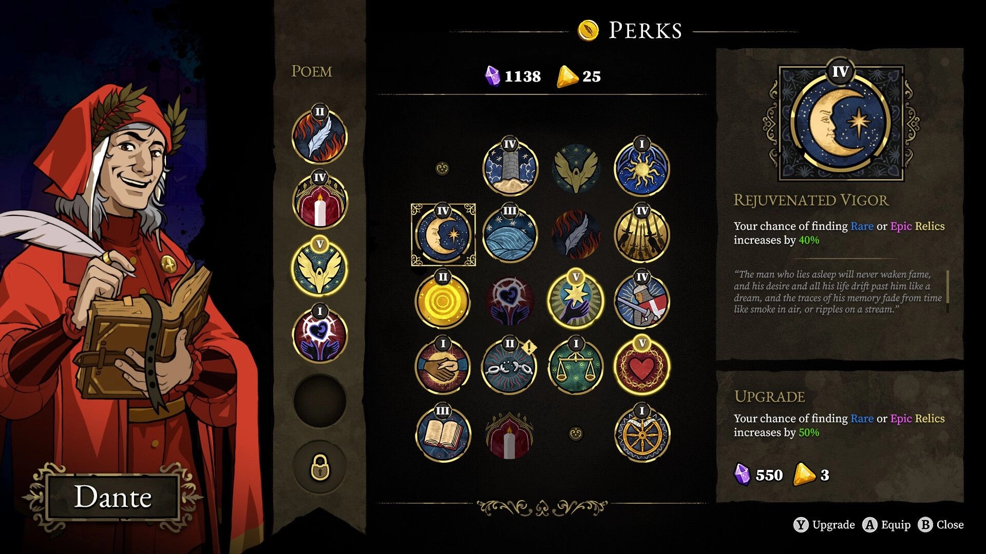 33 Immortals: Dante perk tree menu with relic icons, costs, and Rejuvenated Vigor tooltip panel.