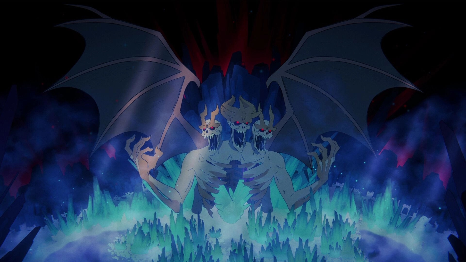 33 Immortals: Three-headed winged demon boss looming over glowing crystal cave in dark void.