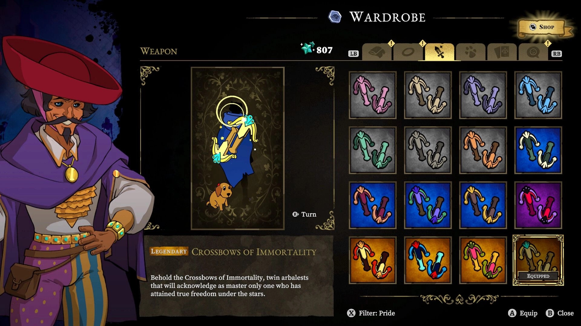 33 Immortals: Wardrobe menu with legendary Crossbows of Immortality and color skin grid on dark UI.