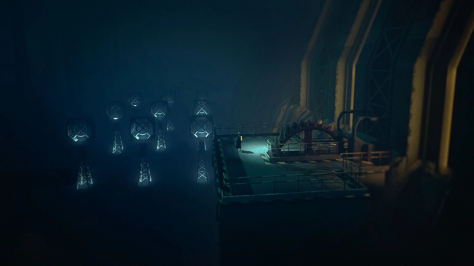 4: Lone figure stands on a metal platform beside a giant gear in a foggy industrial cavern.