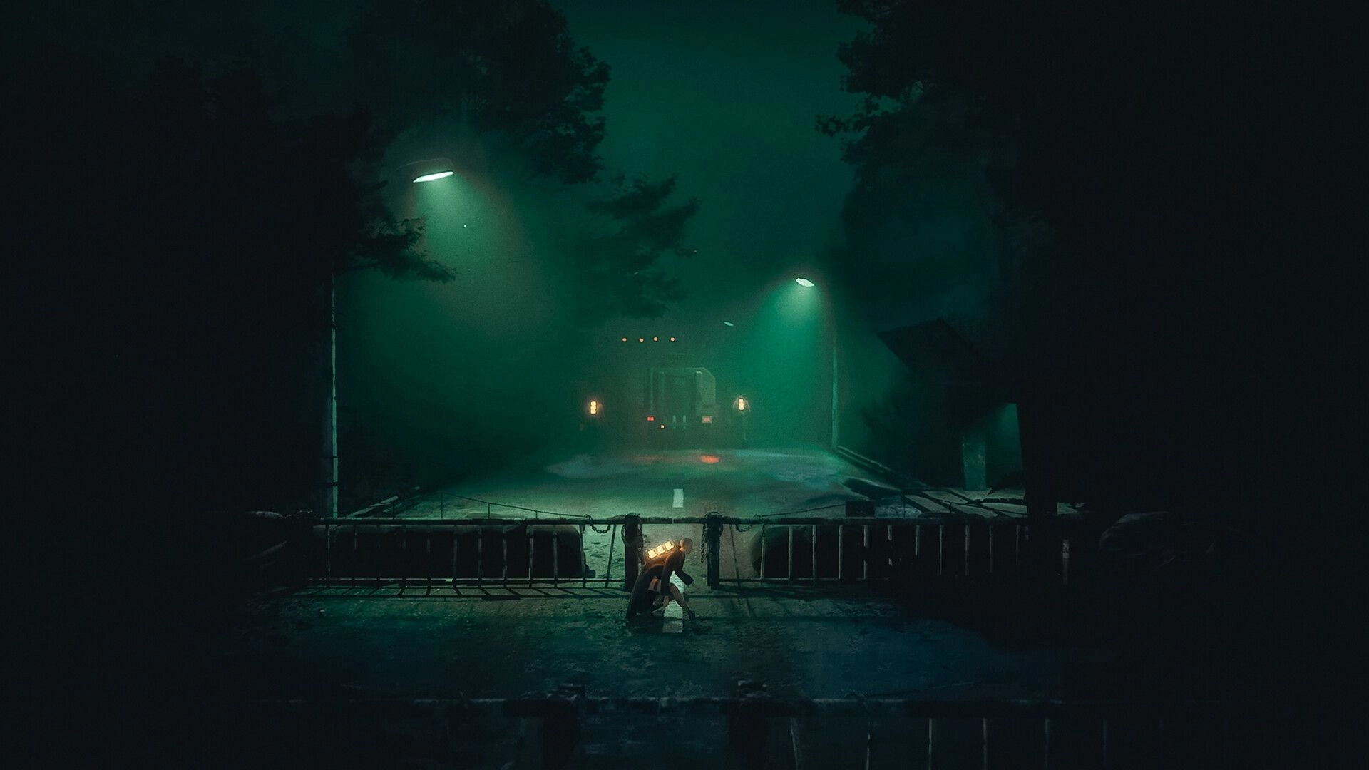 4: Crouching player behind a barricade facing a truck on a foggy road under green streetlights.