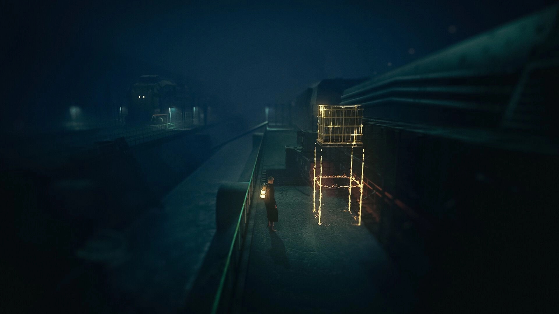 4: Aila holds a lantern beside a glowing scaffold on a foggy canal walkway at night.