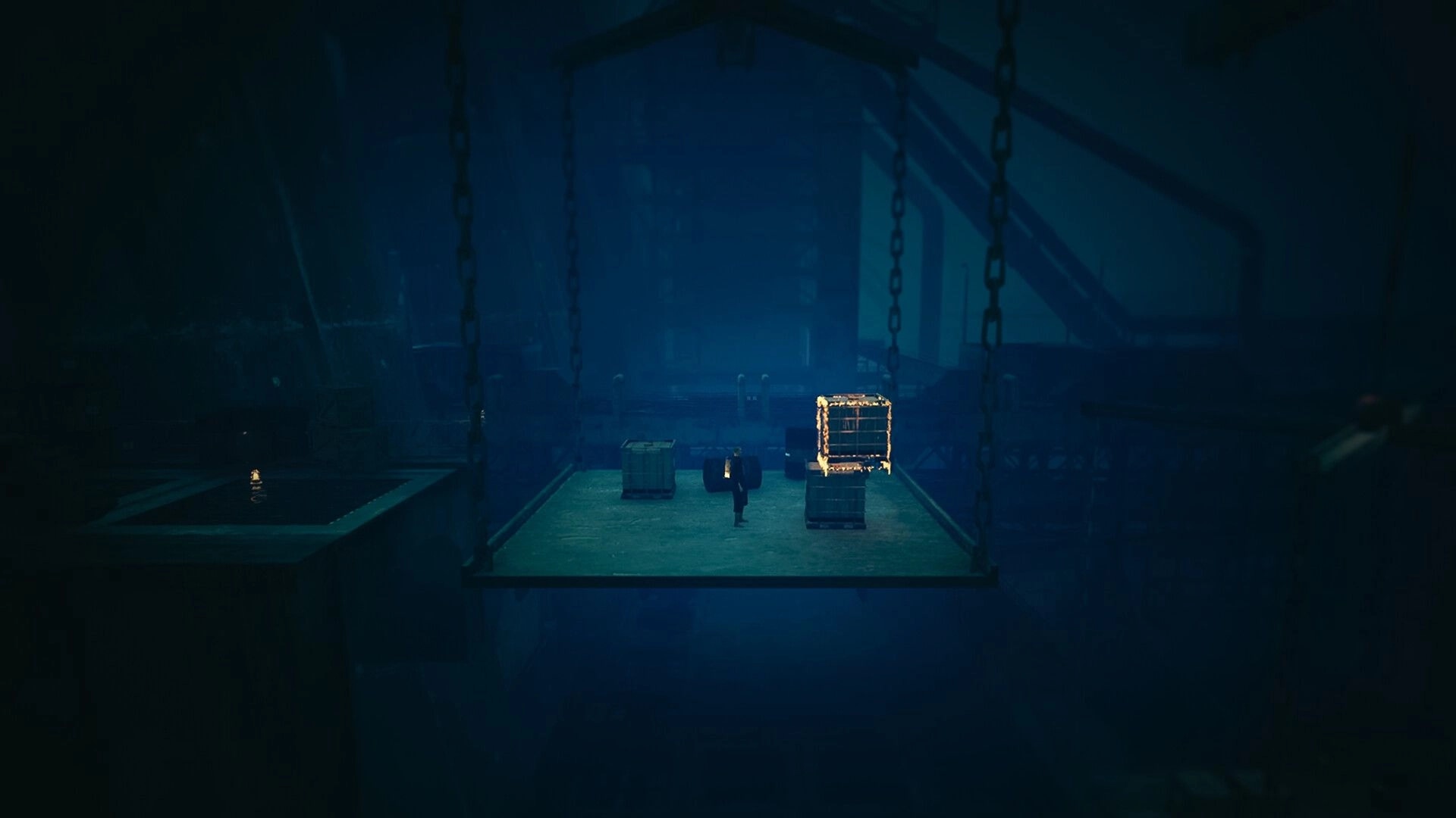 4: Lone figure on a hanging platform near crates and a glowing cage in a foggy industrial cavern.