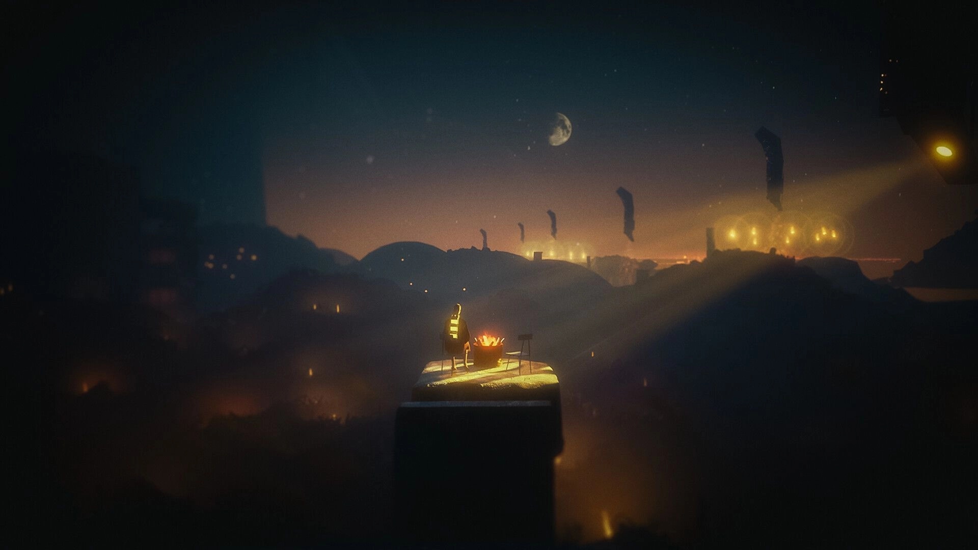 4: Lone figure by a campfire on a rooftop ledge, overlooking a hazy night city under the moon.