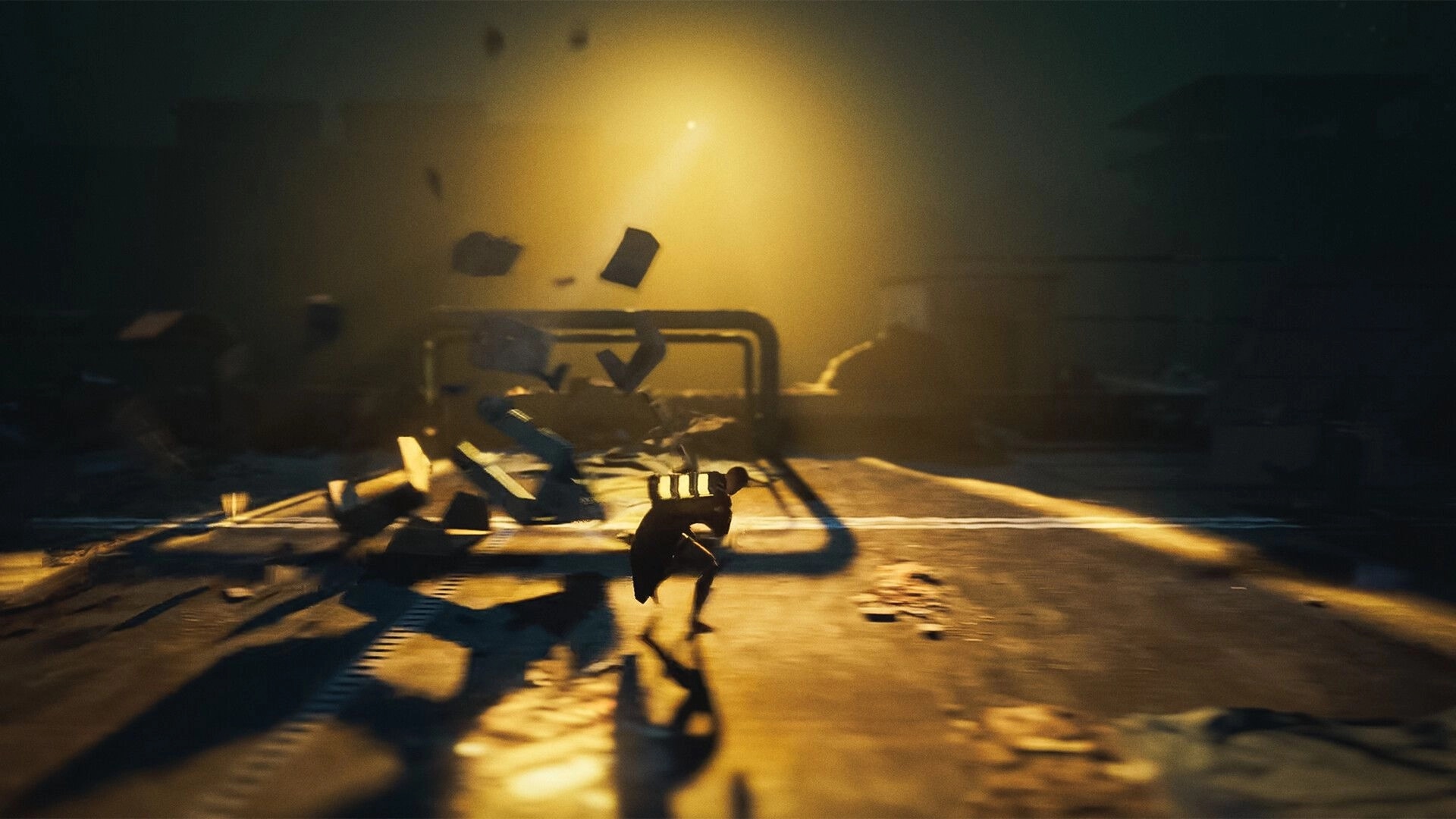 4: Crouched figure sneaks past debris and a railing in a dim corridor flooded by harsh yellow light.