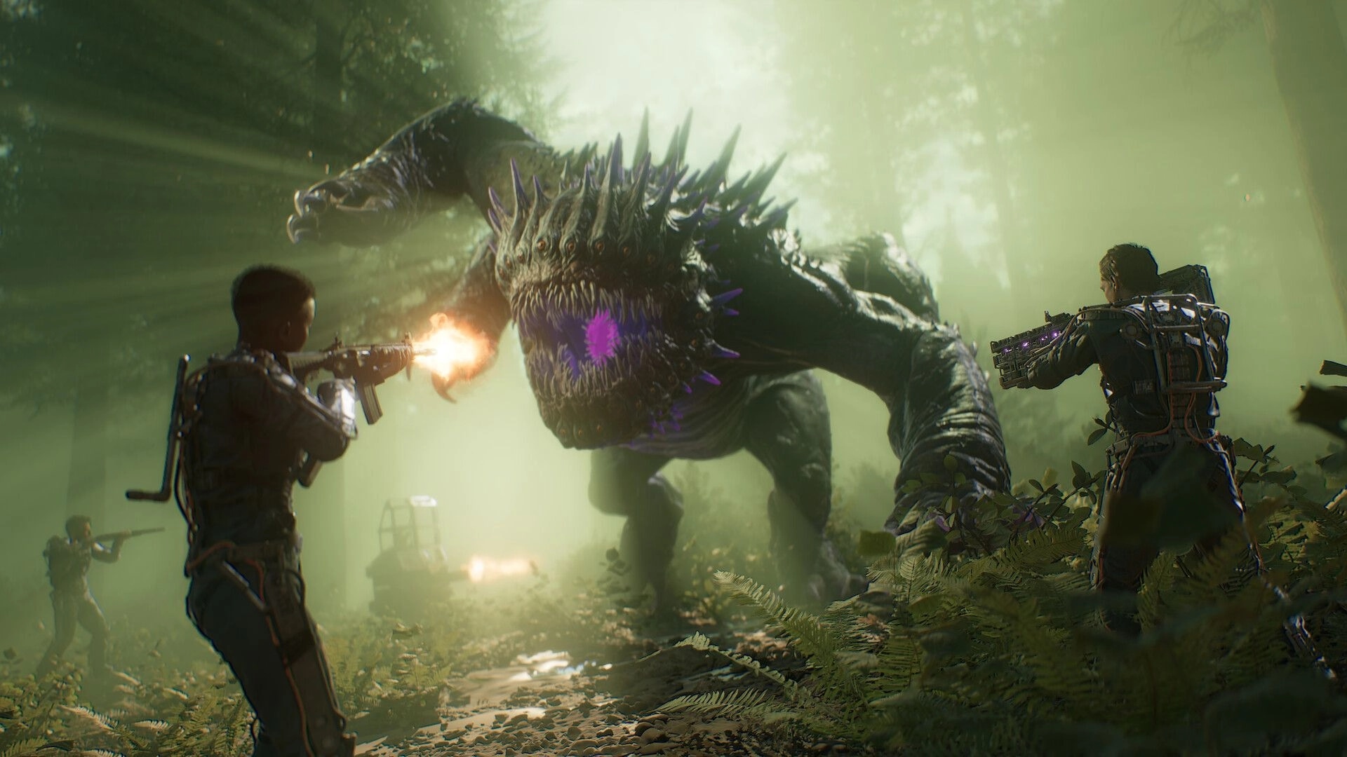 4: Two soldiers fire rifles at a spiked alien beast in a misty forest clearing during combat.