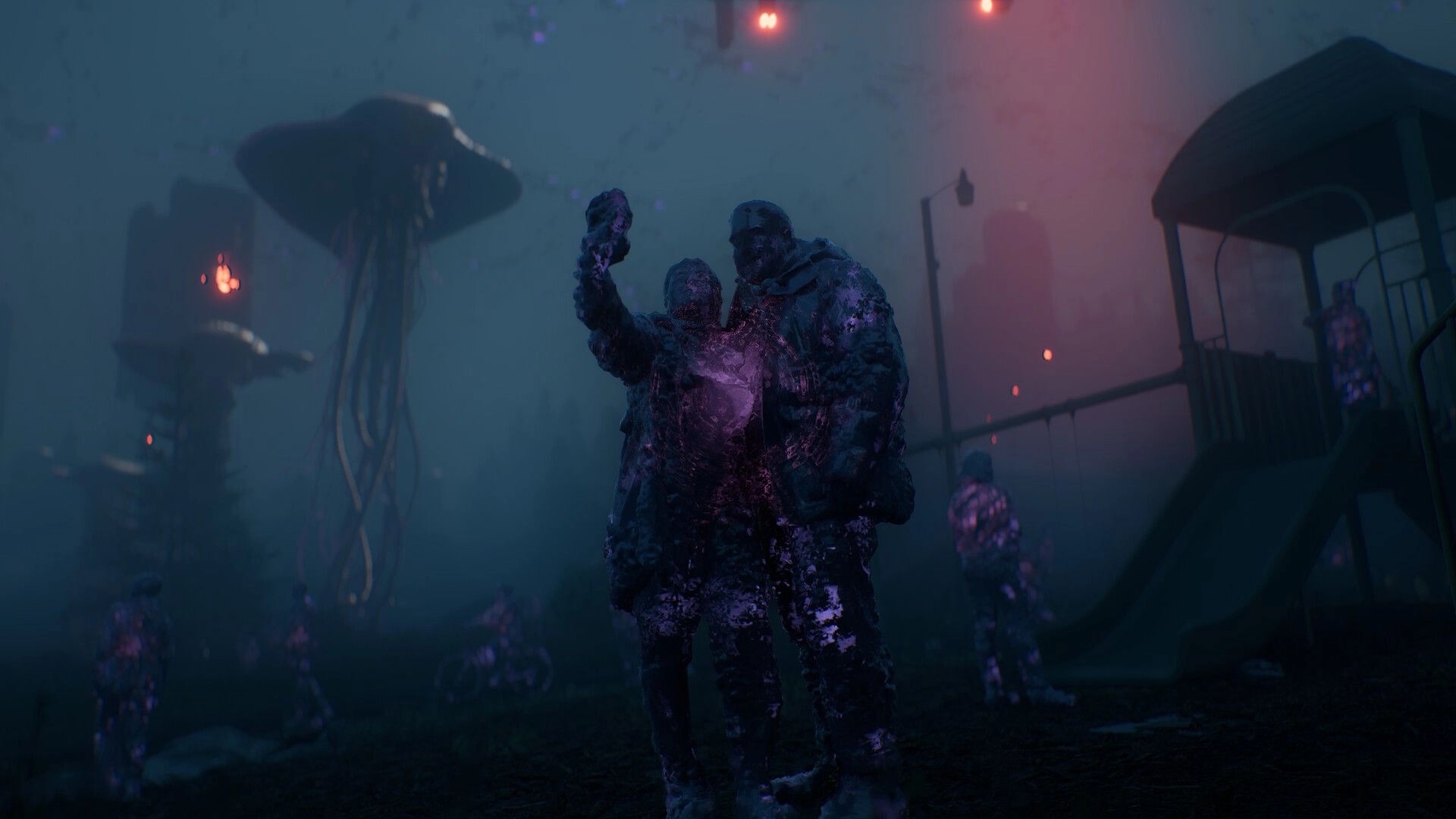 4: Two purple-crusted soldiers pose for a selfie in a foggy alien field with jellyfish ships above.