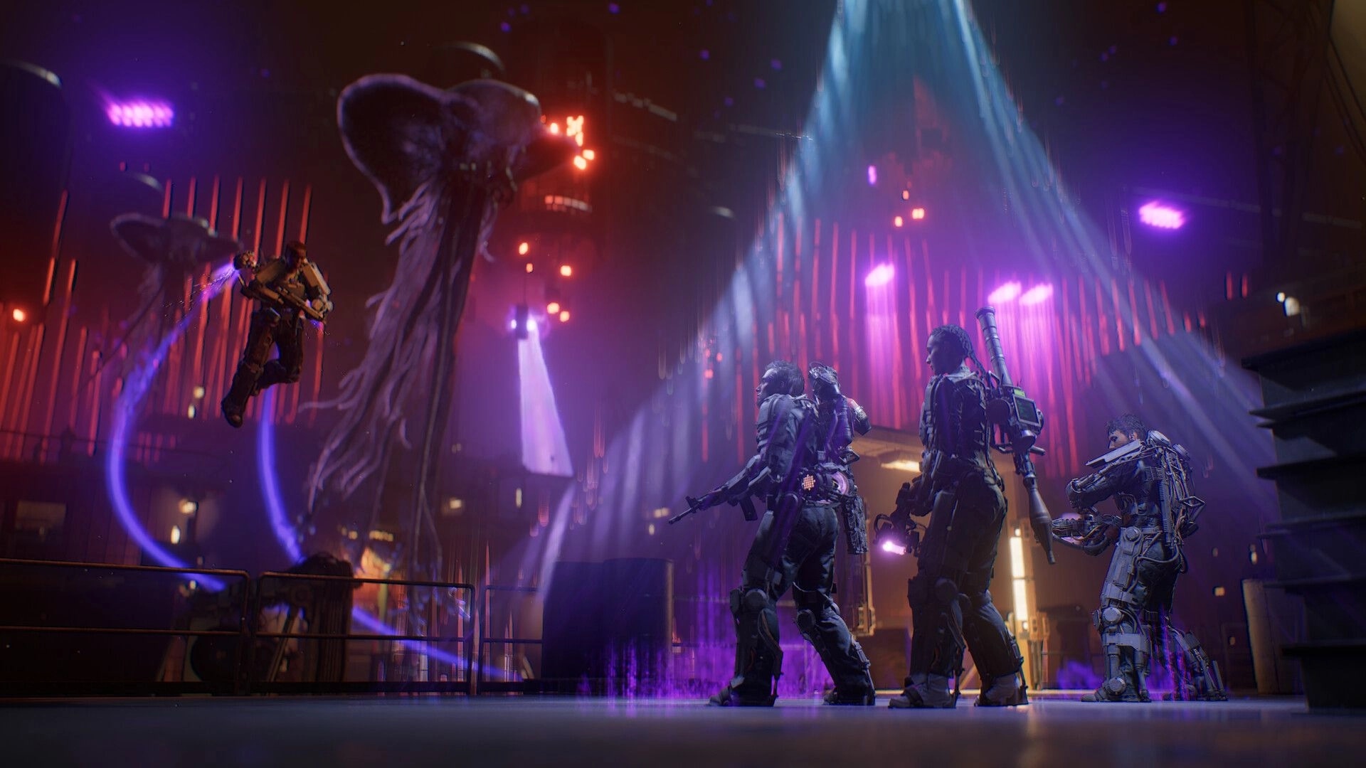 4: Four armored soldiers confront towering alien jellyfish in neon-lit sci-fi facility with purple beams.