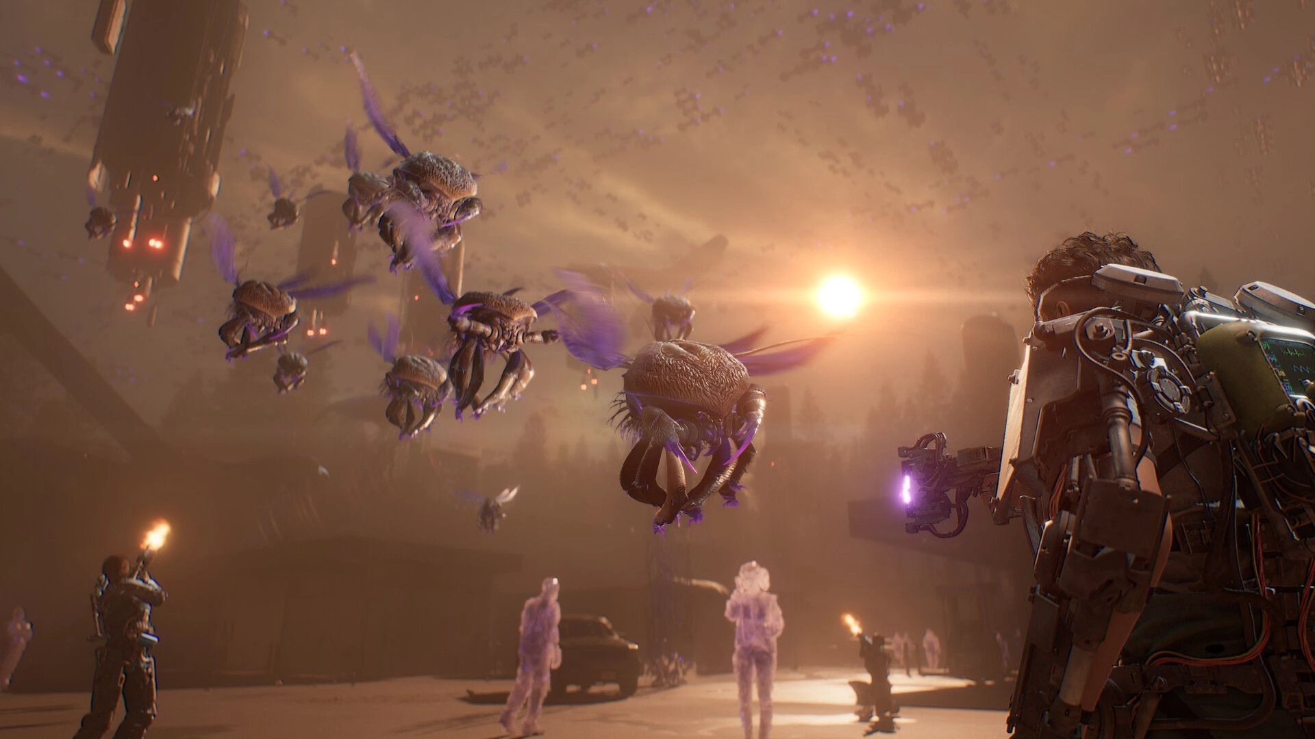 4: Soldier aims sci-fi rifle at swarm of flying aliens over a dusty base at sunset, allies below.