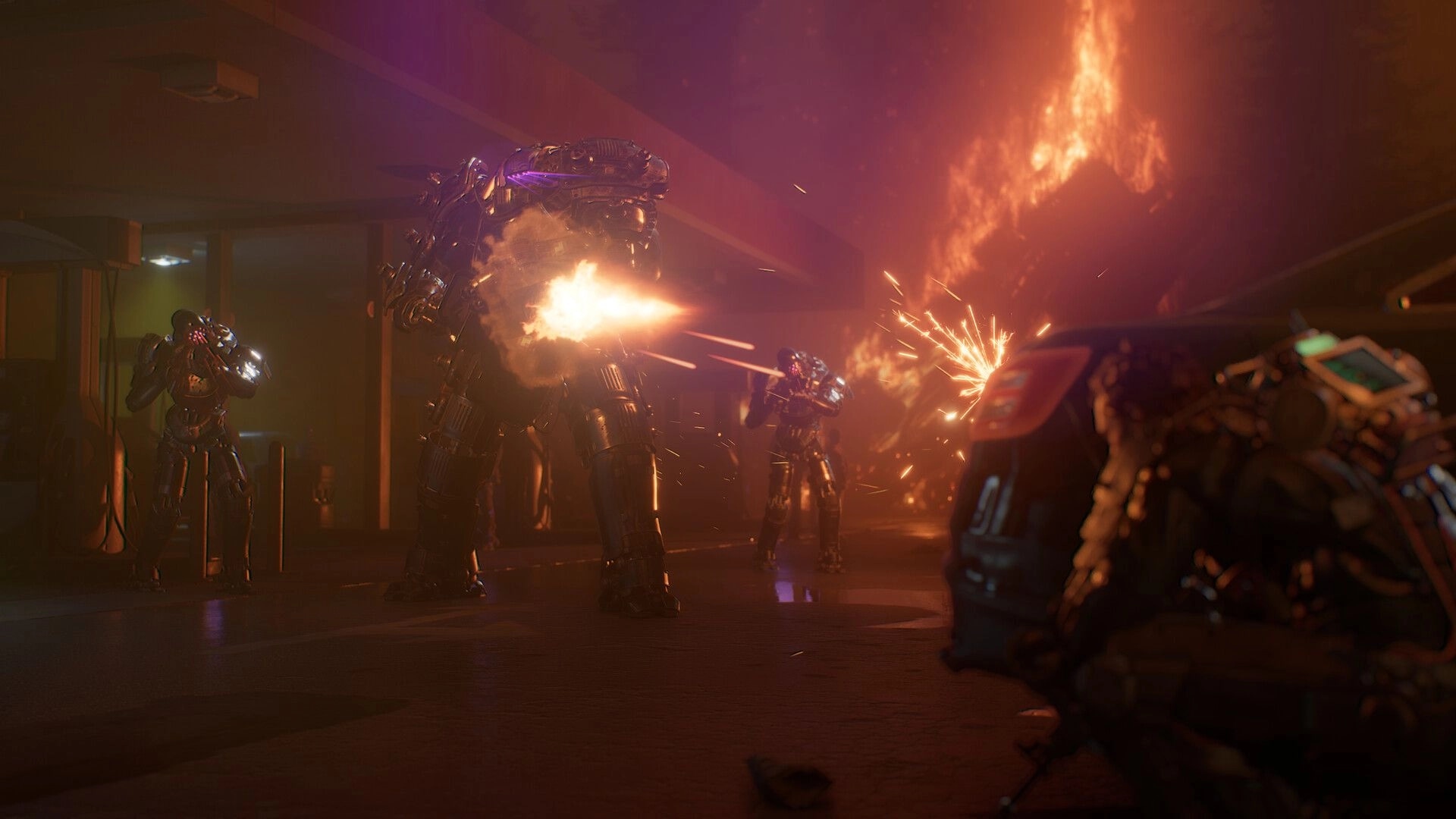 4: Armored squad fires at a towering alien mech in a burning corridor, sparks and flames filling air.