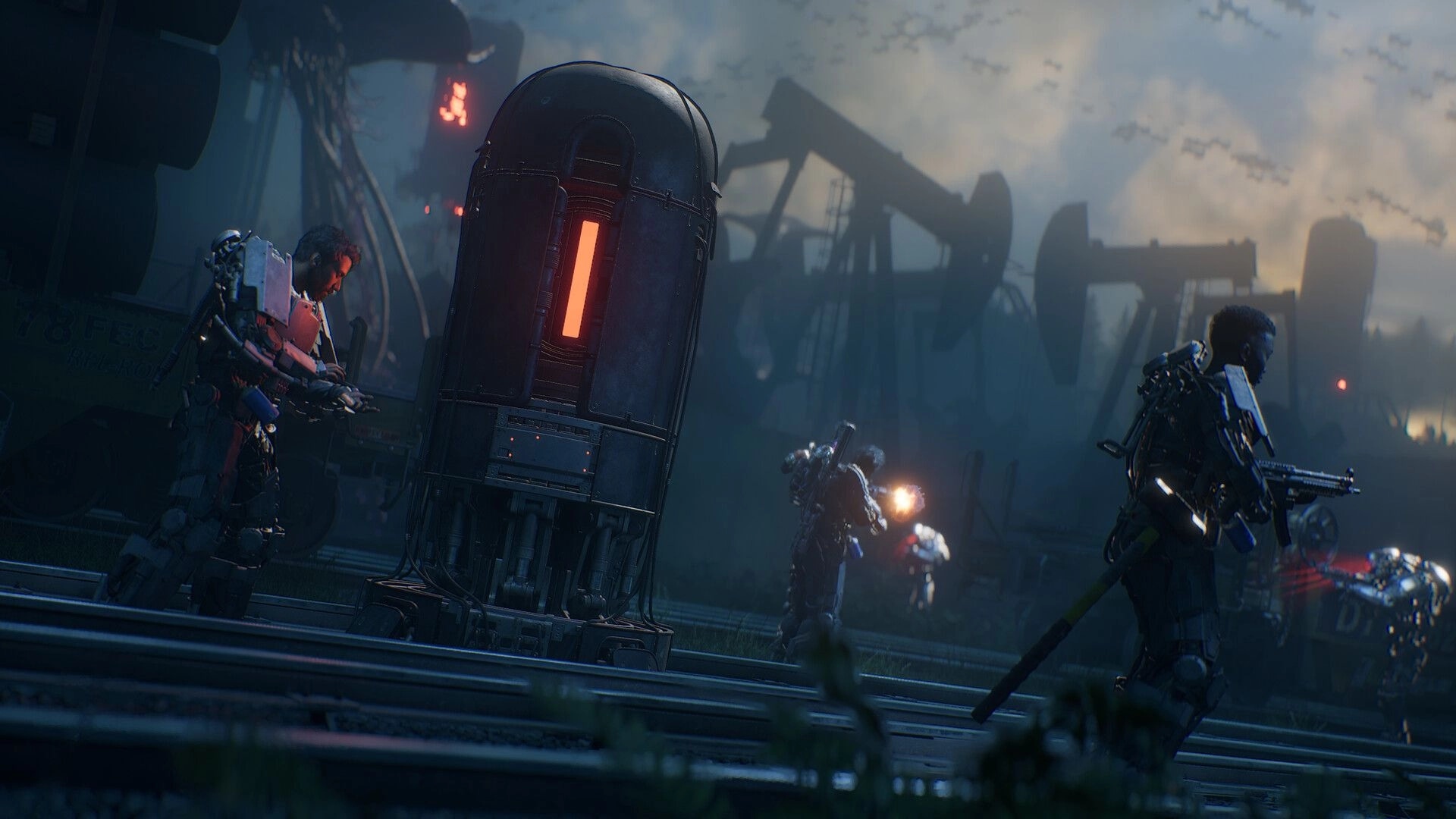 4: Three armored soldiers with rifles take cover by a glowing pod in a foggy oil field at dusk.