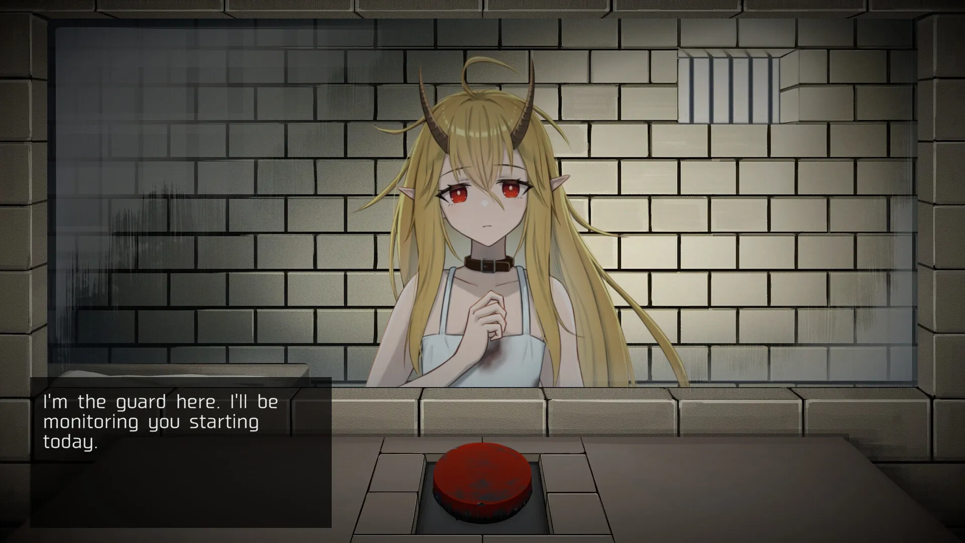 5omeday: Dragon girl behind glass in a cell, dialogue box visible, large red button on console