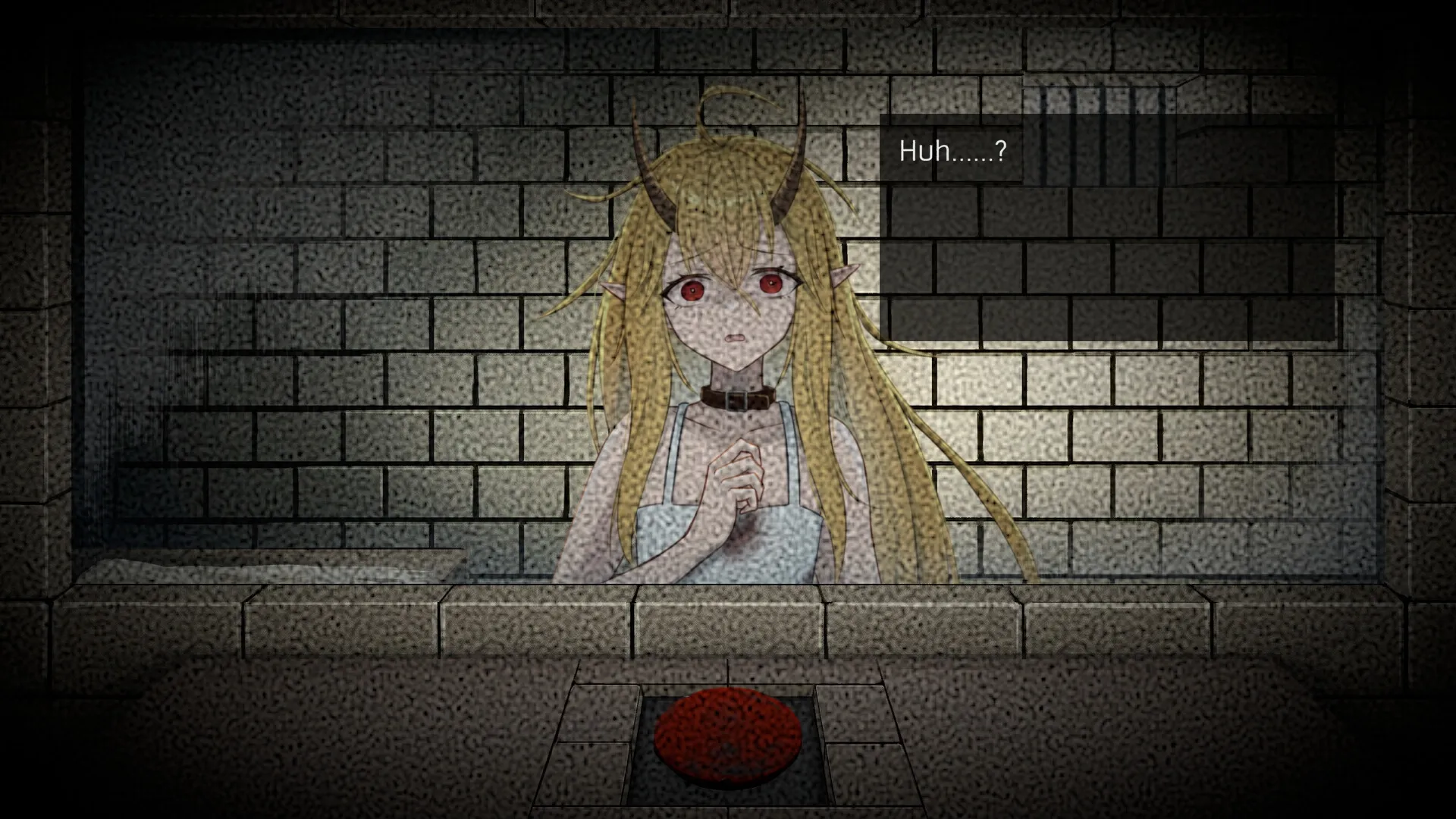 5omeday: Dragon girl behind bars with dialogue box, red button in a dimly lit stone cell