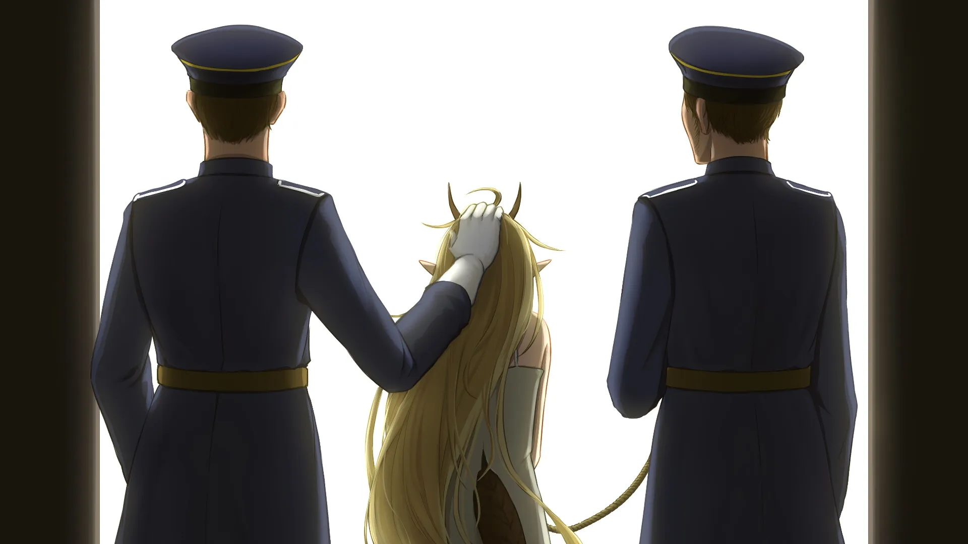 5omeday: Dragon girl escorted by two guards in uniform, one holding her head, against a bright background.