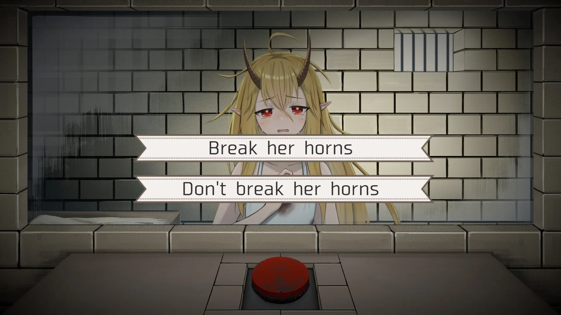 5omeday: Choice menu with options to break or not break dragon girl's horns in prison cell setting
