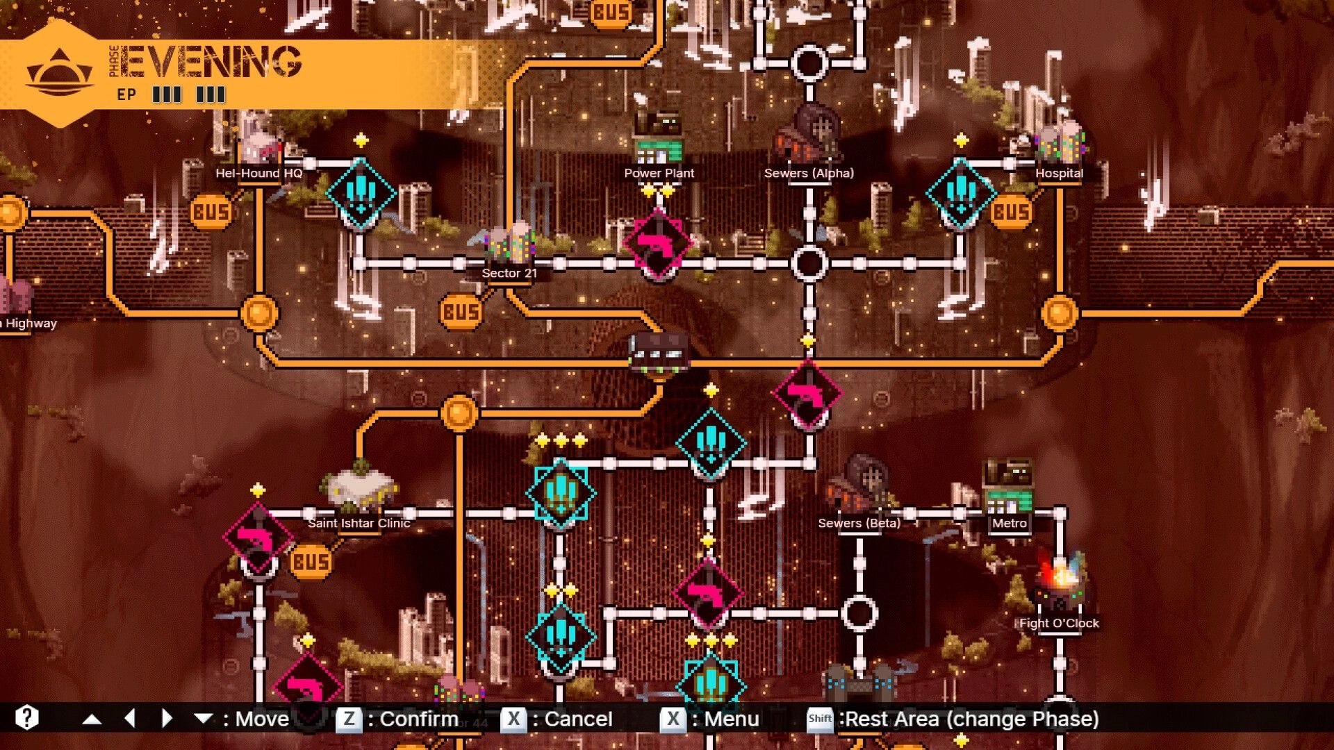 5th ERA: Evening phase map with route options, locations like Hel-Hound HQ and Sewers, and bus routes