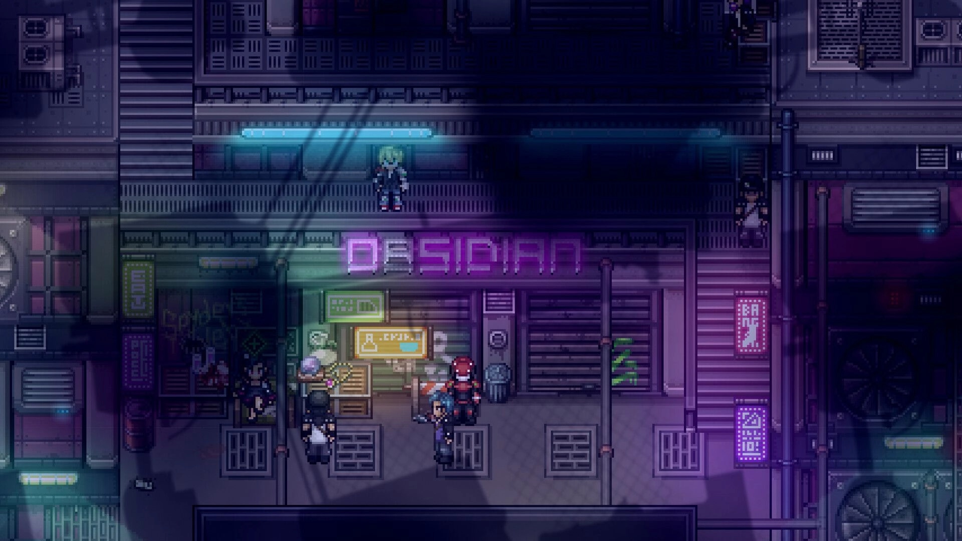 5th ERA: Characters explore neon-lit streets of Helgon with "OBSIDIUM" sign glowing above them