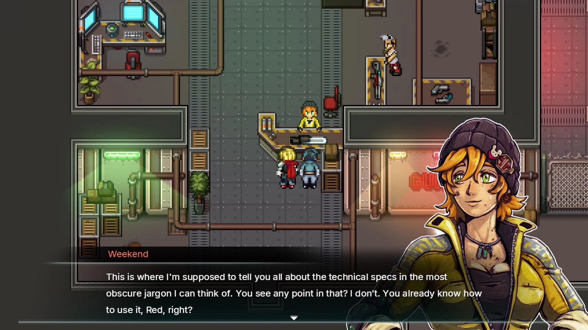 5th ERA: Red and companion speak with merchant in tech-filled corridor of Helgon city on the comet