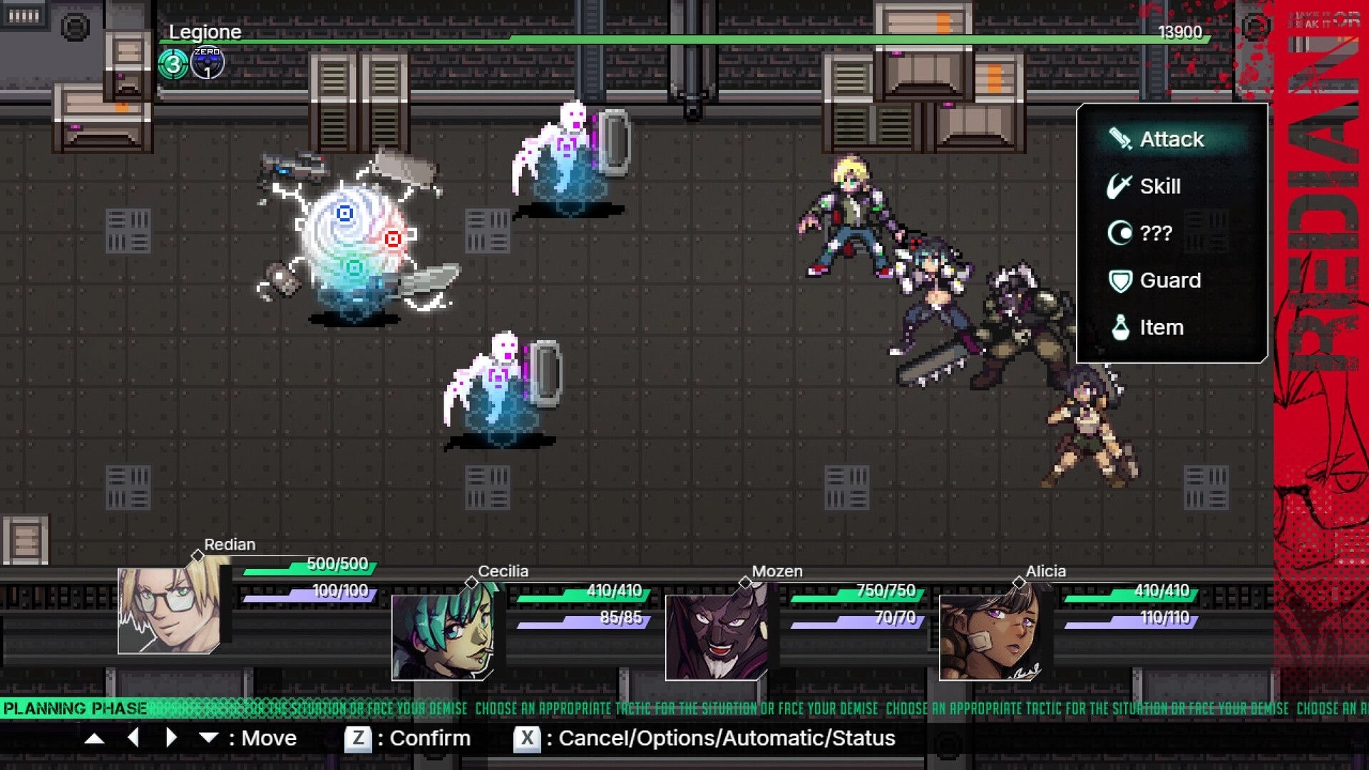 5th ERA: Turn-based battle with Redian's team against Brightlings in a techno-fantasy dungeon setting