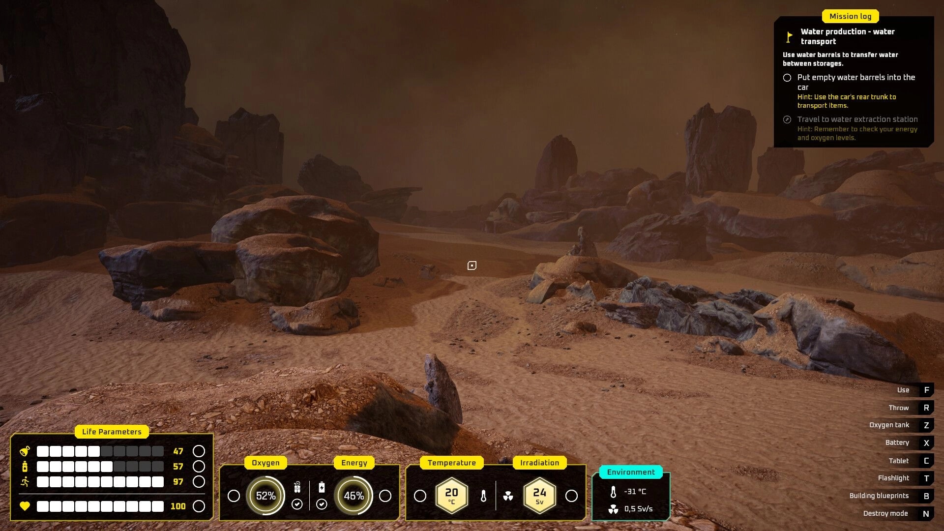 687 Days on Mars: Navigating rocky Martian terrain with mission log and life parameters displayed