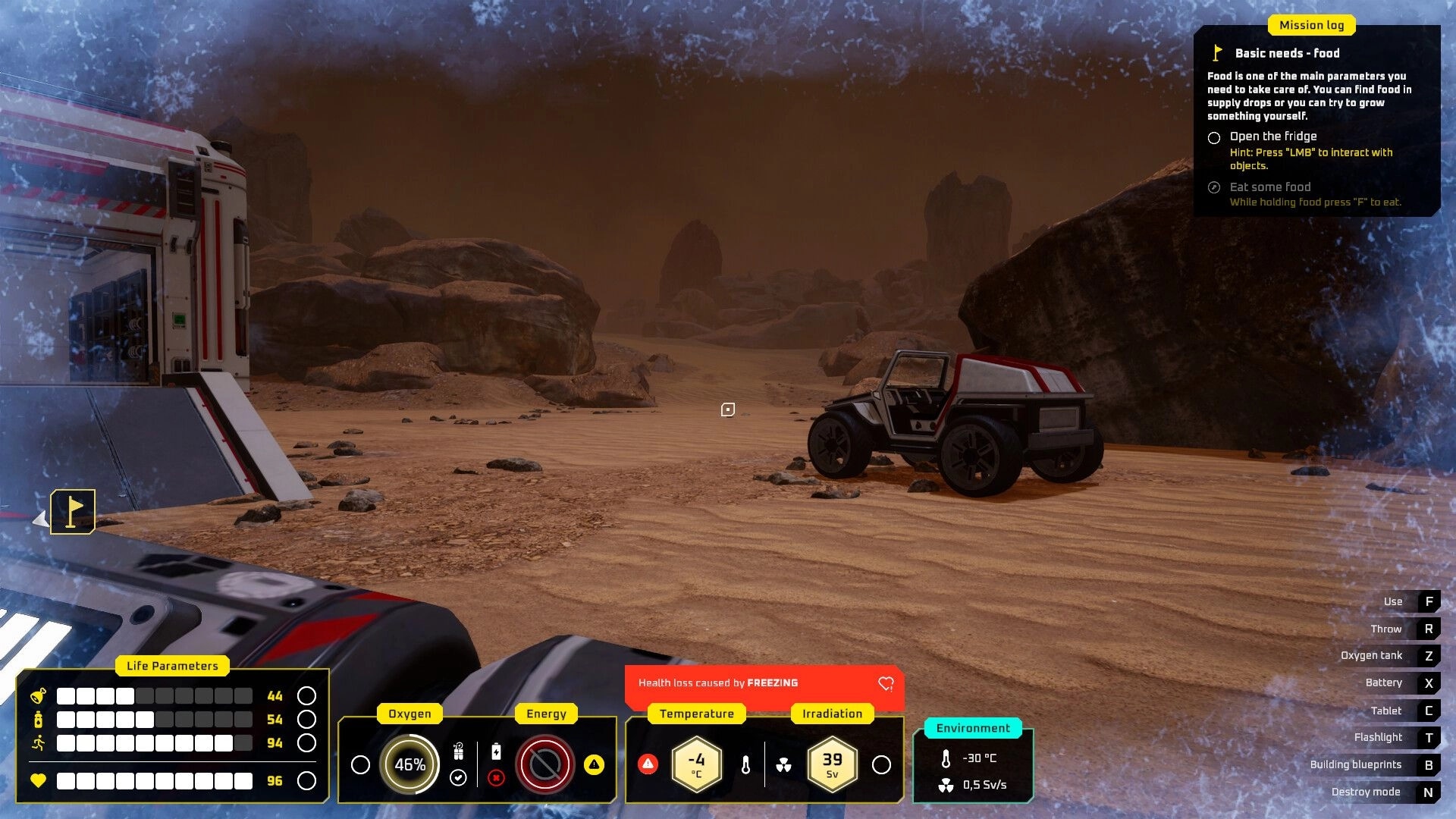 687 Days on Mars: Player navigating icy environment with life parameters and mission log displayed