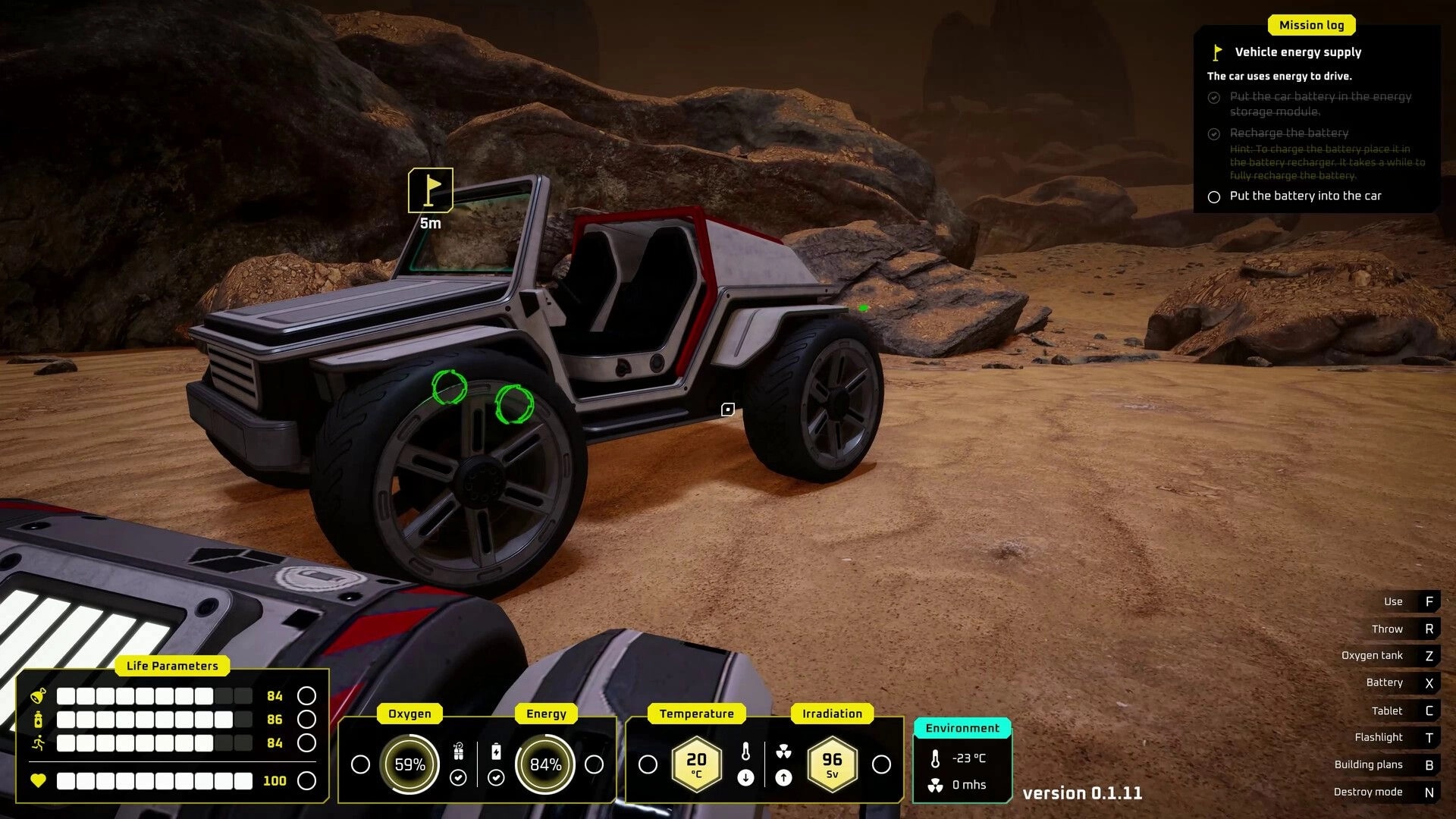 687 Days on Mars: Rover parked on rocky terrain with mission log and life parameters on HUD display