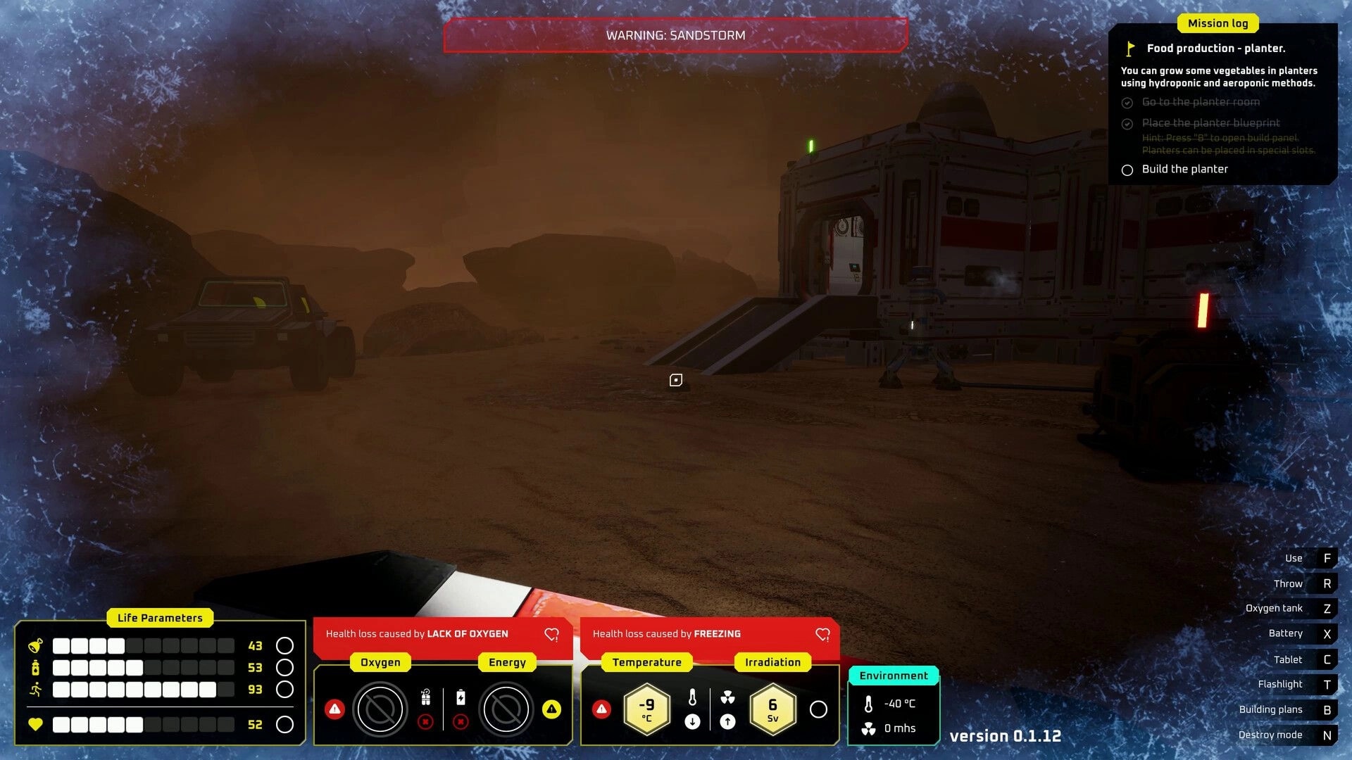 687 Days on Mars: Navigating sandstorm with vehicle outside base, life parameters and mission log visible