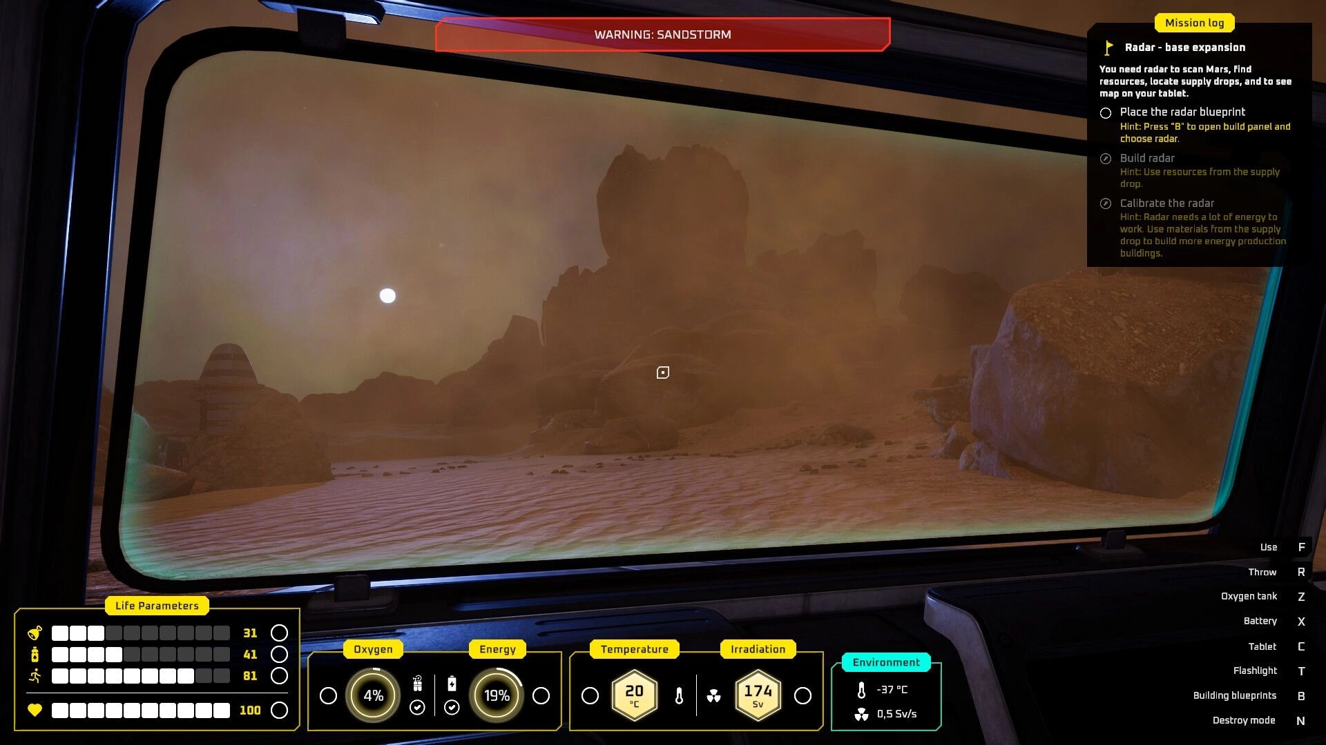 687 Days on Mars: Sandstorm warning from base window, mission log and life parameters on display