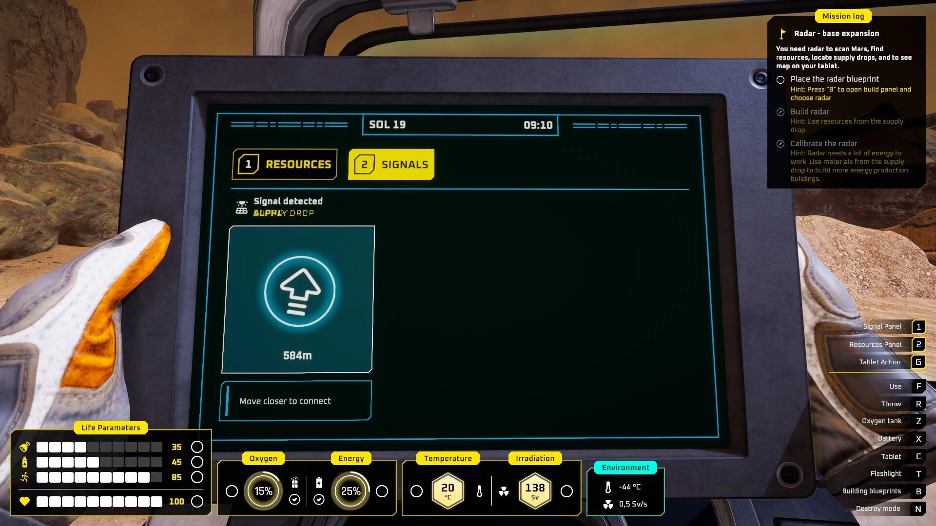 687 Days on Mars: Tablet screen displays a detected supply drop signal 584 meters away in rocky terrain.