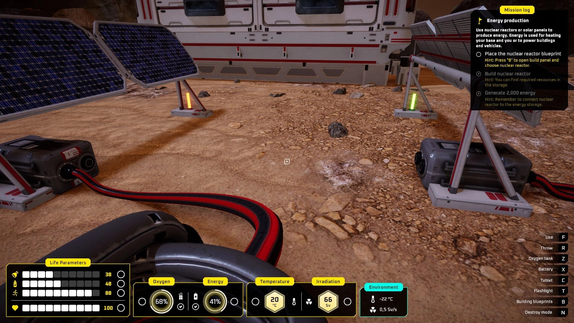 687 Days on Mars: Solar panels and cables setup in rocky Martian terrain with mission objectives displayed
