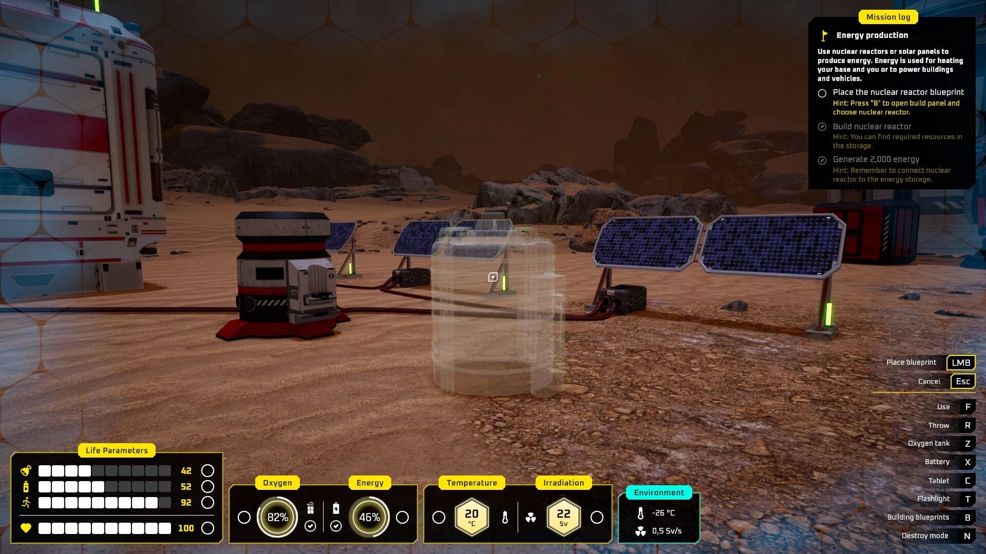 687 Days on Mars: Player placing solar panels and reactor blueprint in rocky Martian landscape with UI stats.