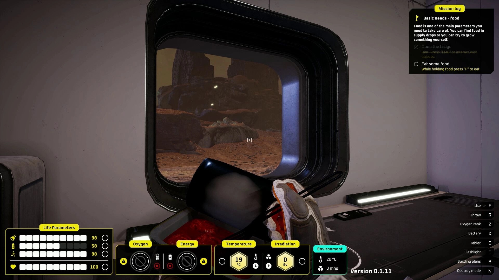 687 Days on Mars: Player holds food in base, viewing Martian landscape through window, HUD visible